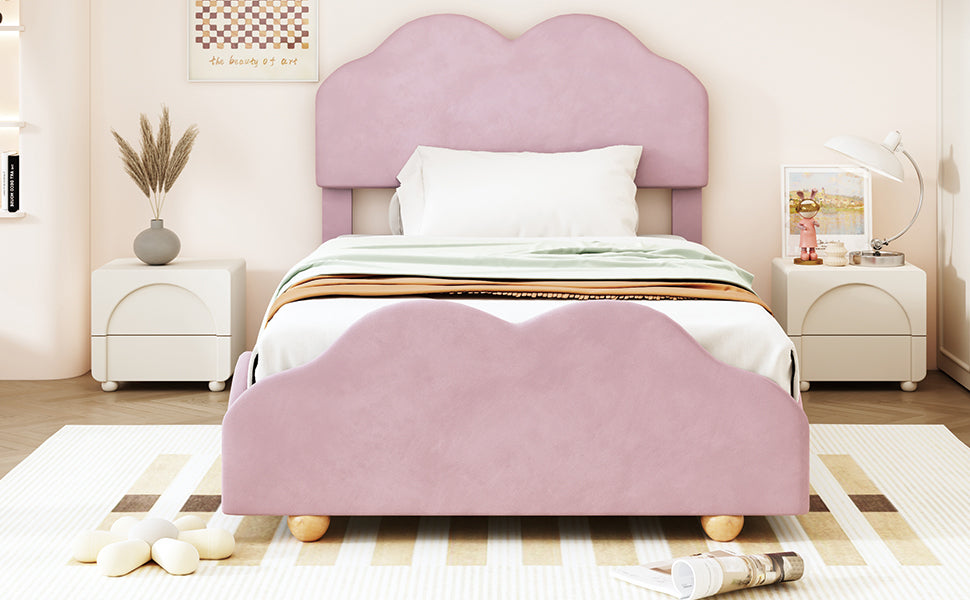 Twin Size Upholstered Platform Bed with Cloud Shaped bed board, Light Pink