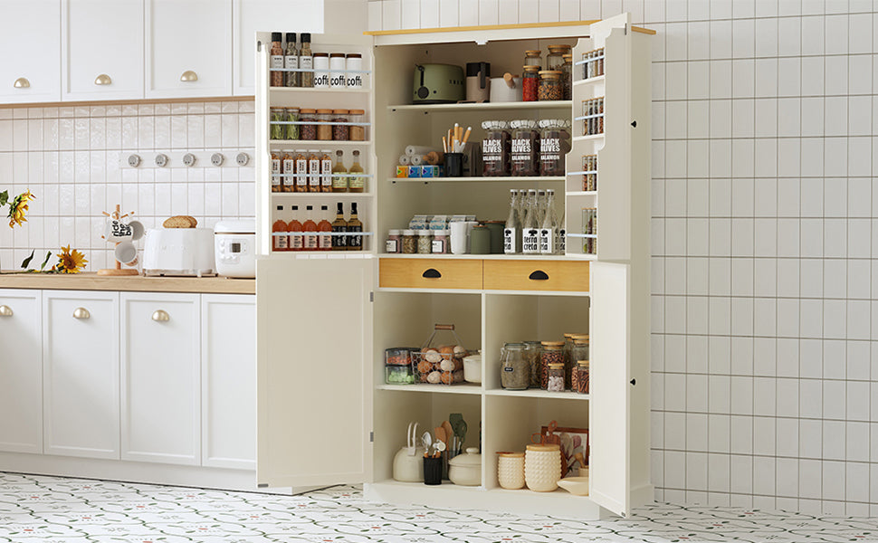 [Assembly Video Provided]TOPMAX 40.2x20x71.3inch High Freestanding Kitchen Pantry Large Cupboard Storage Cabinet with 2 Drawers, 2 Adjustable Shelves, 8 Door Shelves for Kitchen, Dining Room,Cream