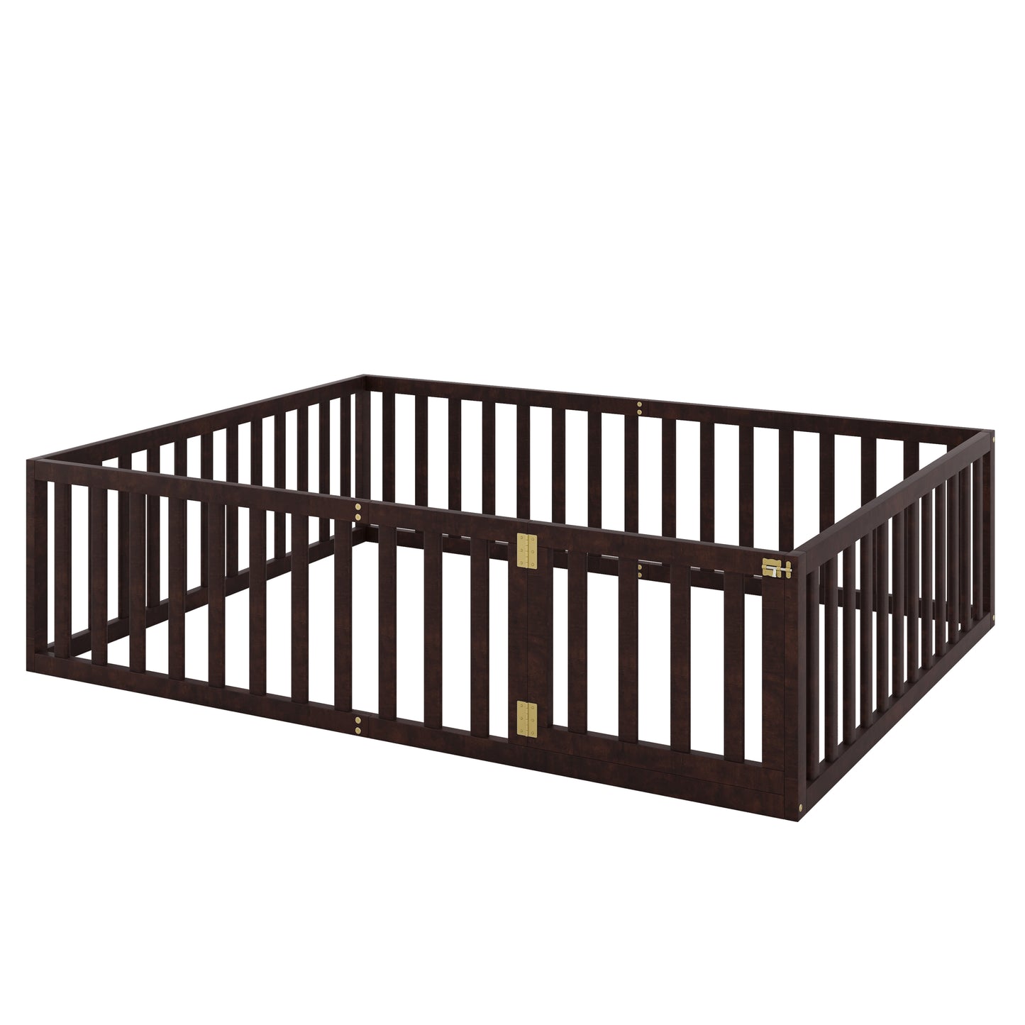 Queen Size Wood Floor Bed Frame with Fence and Door, Walnut(OLD SKU:WF289663AAL)