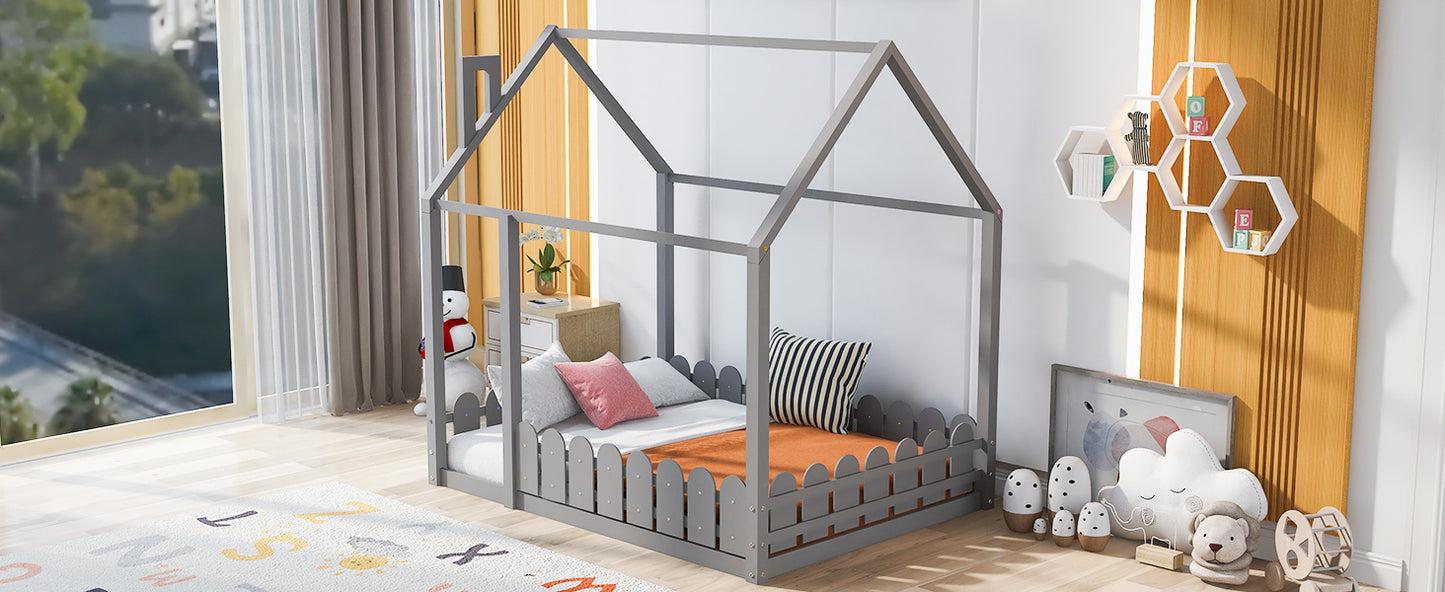 (Slats are not included)Full Size Wood Bed House Bed Frame with Fence, for Kids, Teens, Girls, Boys (Gray )(OLD SKU:WF281294AAE)