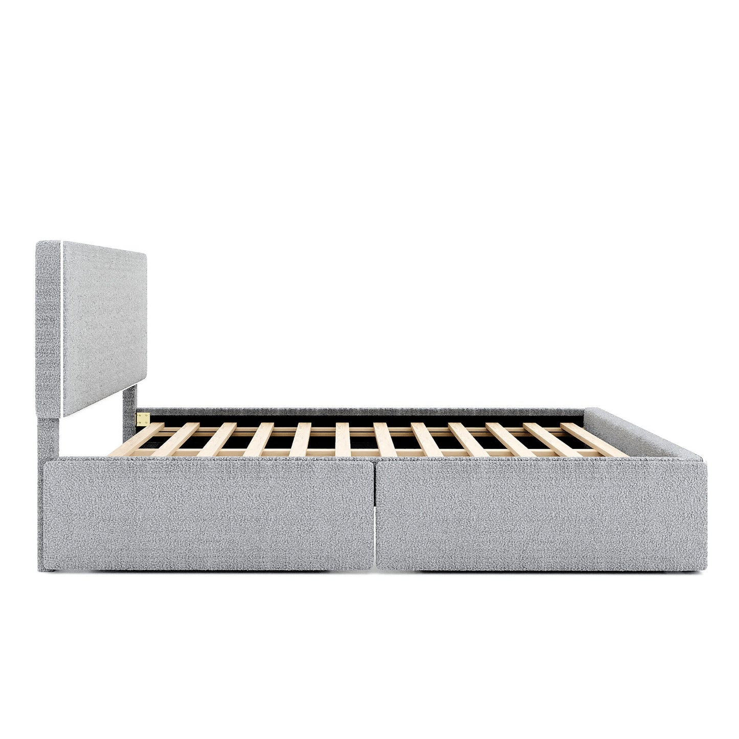 Queen Size Upholstered Platform Bed with 4 Drawers and White Edge on the Headboard & Footboard, Gray