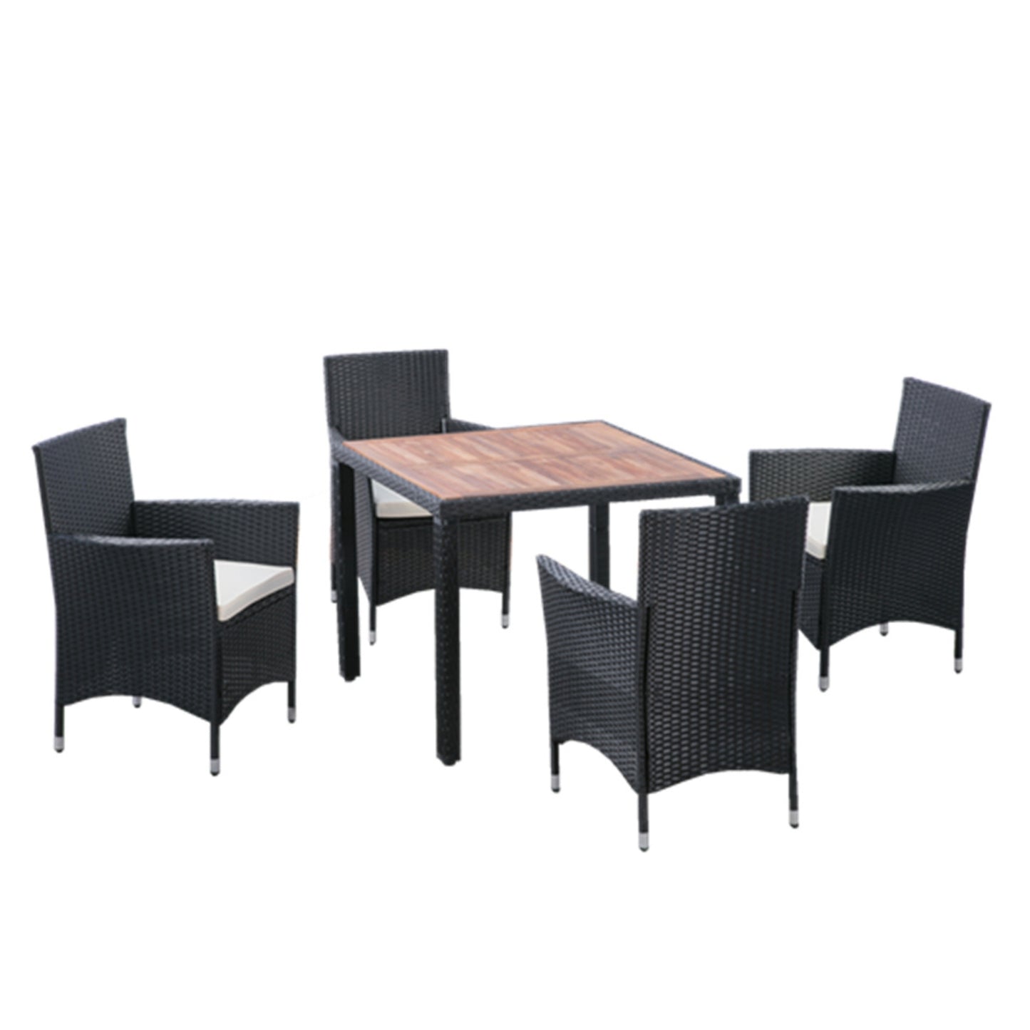EELIFEE 5 piece Outdoor Patio Wicker Dining Set Patio Wicker Furniture Dining Set w/Acacia Wood Top Black Wicker + Creme Cushion