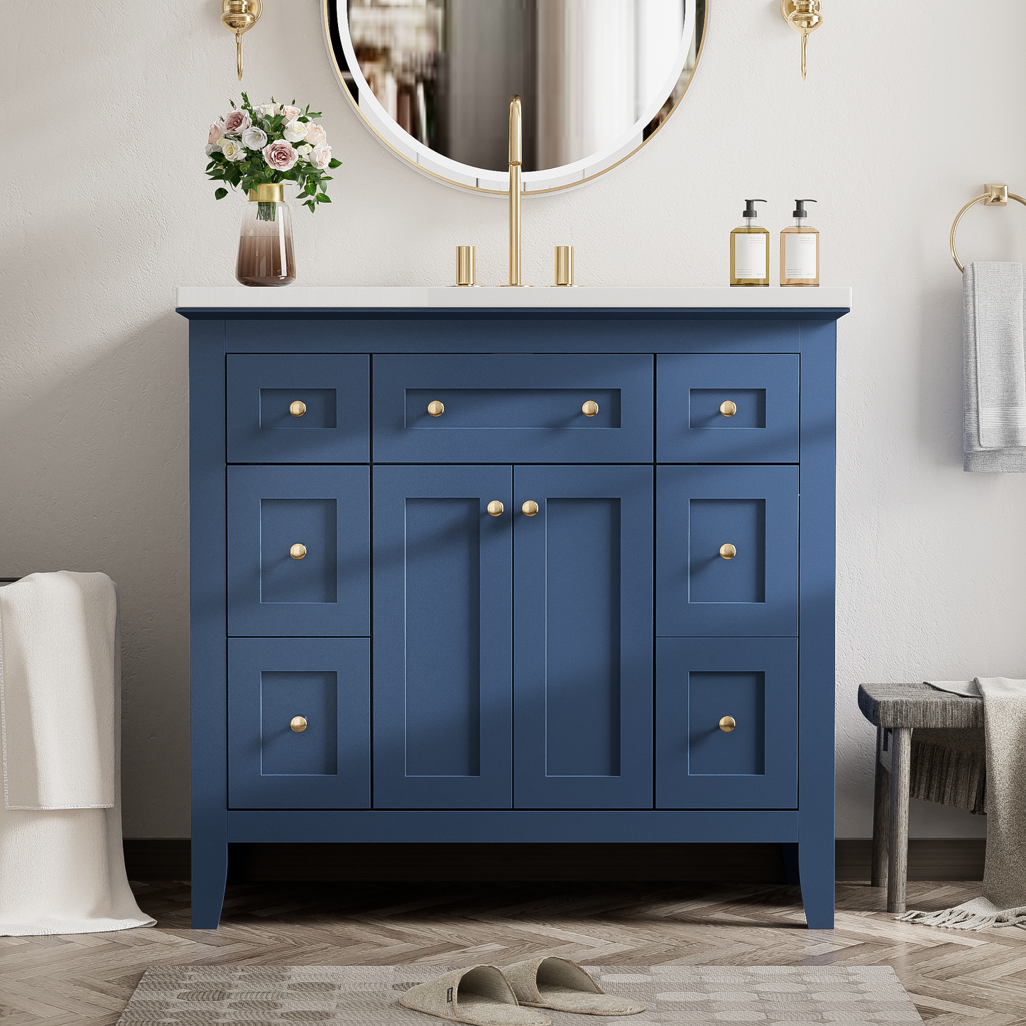 36'' Bathroon Vanity with Resin Sink Combo Set, Modern Freestanding Single Bathroom Cabinet with 6 Drawers & 2 Cabinets, Storage Cabinet for Bathroom, Solid Wood Frame Vanity Set, Blue