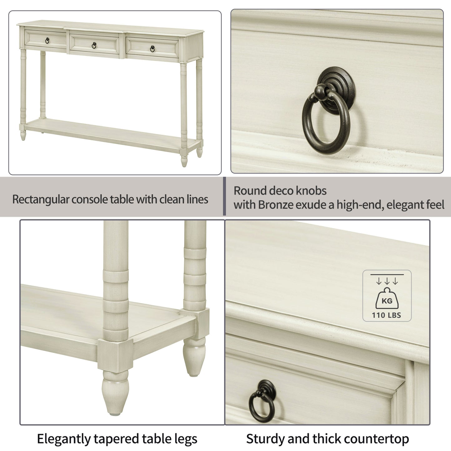TREXM Console Table Sofa Table with Drawers for Entryway with Projecting Drawers and Long Shelf (Antique White, OLD SKU: WF189574AAK)