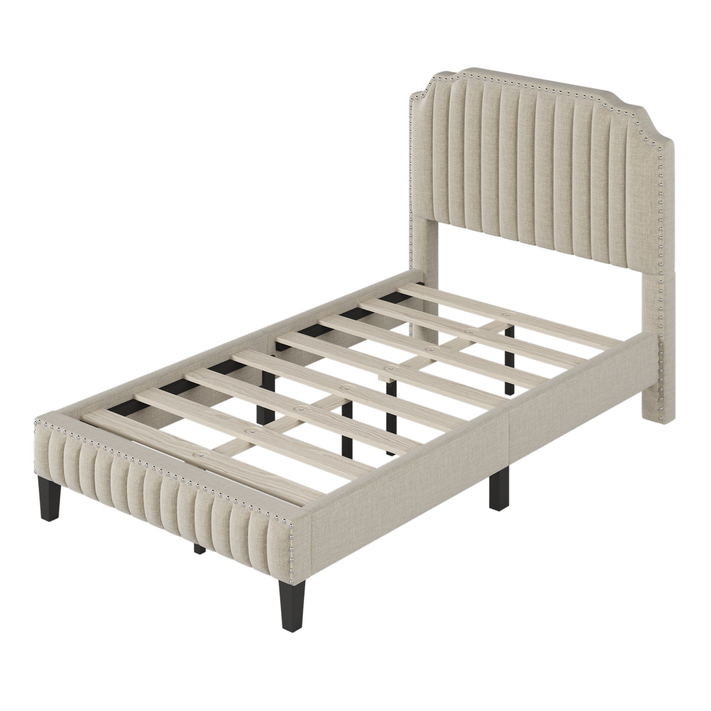 Modern Linen Curved Upholstered Platform Bed , Solid Wood Frame , Nailhead Trim, Beige (Full)