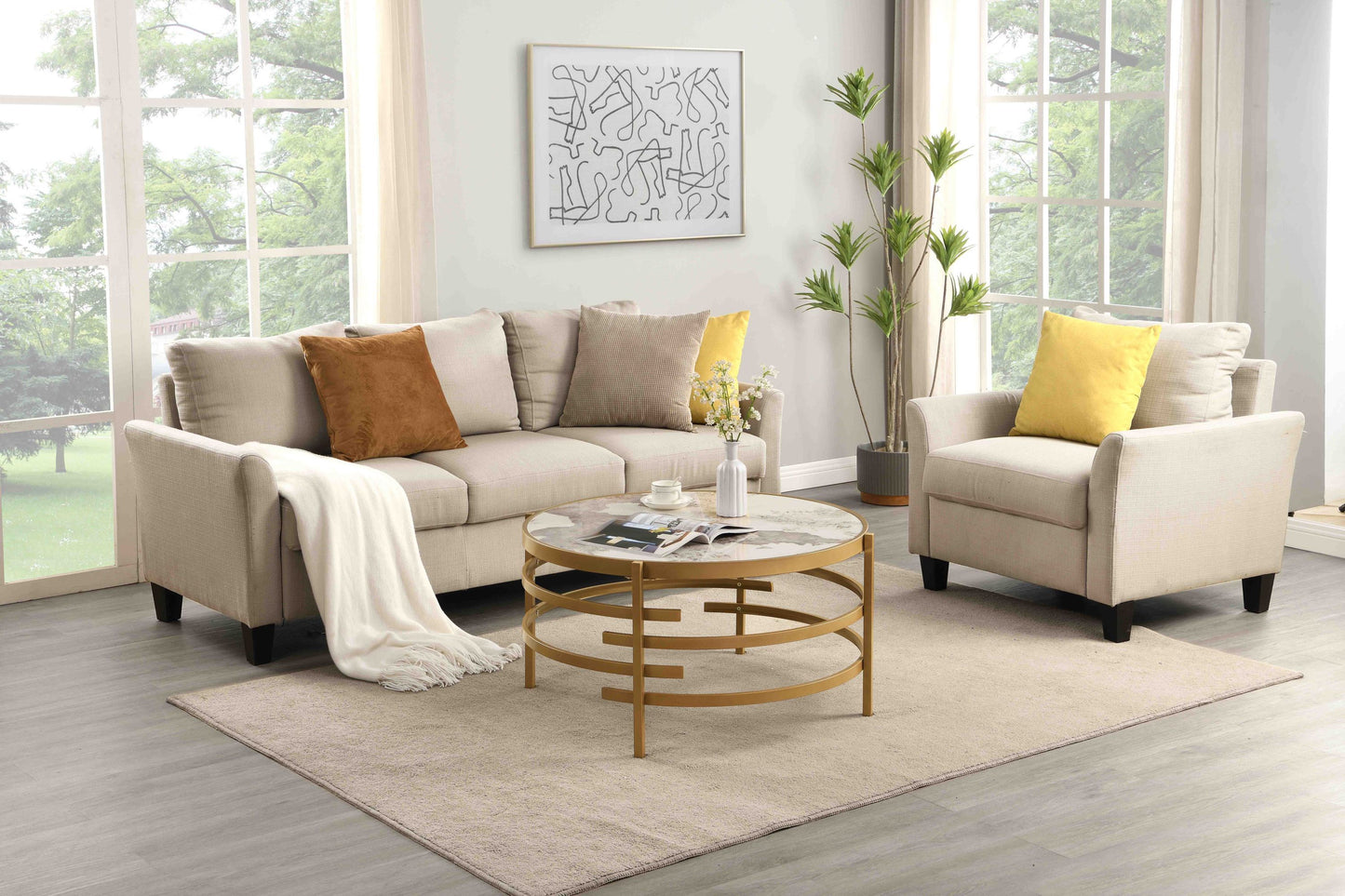 32.48'' Round  Coffee Table With Sintered Stone Top&Sturdy Metal Frame, Modern Coffee Table for Living Room, Golden