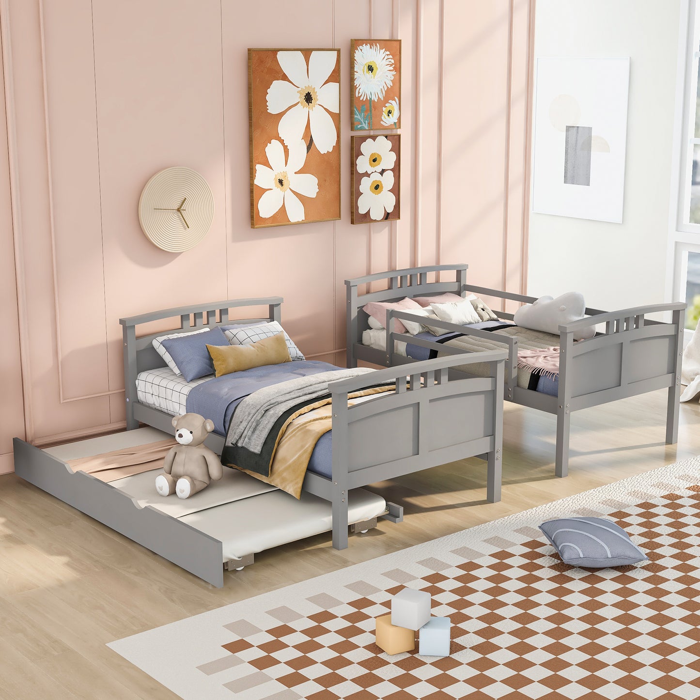 Twin-Over-Twin Bunk Bed with Twin size Trundle , Separable Bunk Bed for Bedroom - Grey