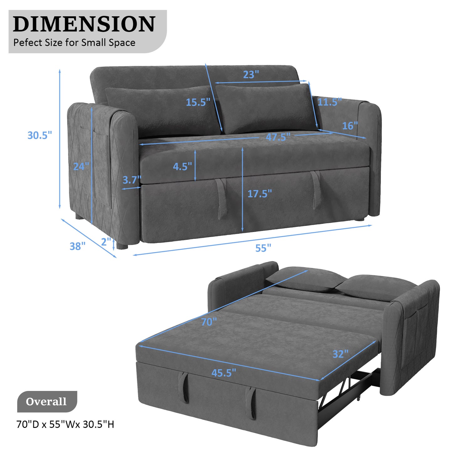 55" Modern Convertible Sofa Bed with 2 Detachable Arm Pockets, Velvet Loveseat Sofa with Pull Out Bed, 2 Pillows and Living Room Adjustable Backrest, Grid Design Armrests Gray