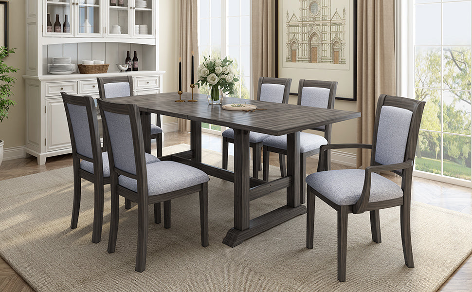 TOPMAX 7-Piece Updated 76.9inch Extendable Trestle Dining Table Set with Removable Leaf, Kitchen Table Set with Upholstered Side Chair and Arm Chair, Set of 6, Grey