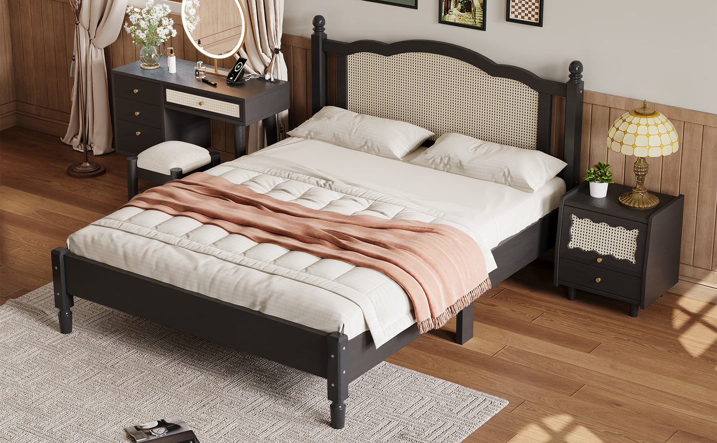 Queen Size Wooden Platform Bed with Natural Rattan Headboard, Vintage Bed Frame with Wooden Slat Support, Black (Expected Arrival Time: 08.23)
