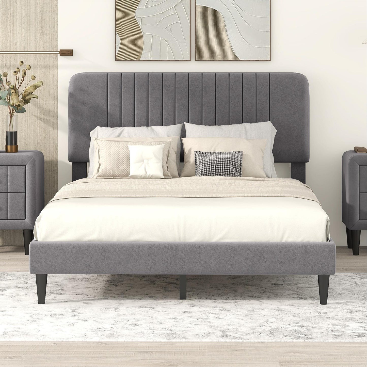 Full Size Upholstered Platform Bed,No Box Spring Needed, Velvet Fabric,Gray
