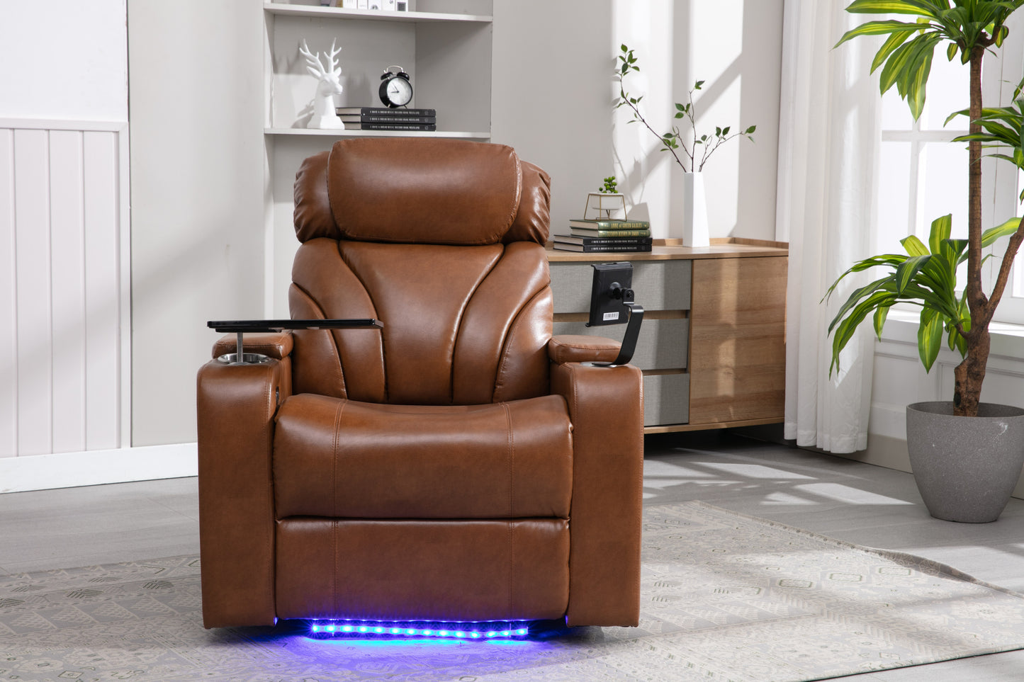 Power Motion Recliner with USB Charging Port and Hidden Arm Storage, Home Theater Seating with Convenient Cup Holder Design ,and stereo(Light  Brown)