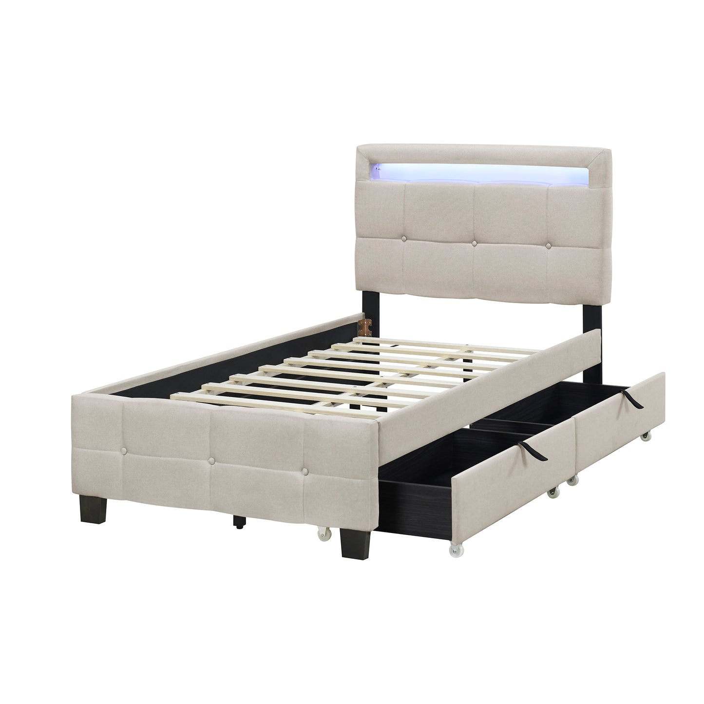 Twin Size Upholstered Platform Bed with LED Frame and 2 Drawers, Linen Fabric, Beige