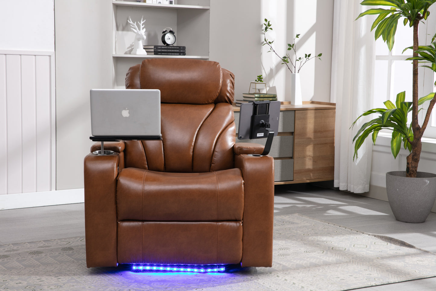 Power Motion Recliner with USB Charging Port and Hidden Arm Storage, Home Theater Seating with Convenient Cup Holder Design ,and stereo(Light  Brown)