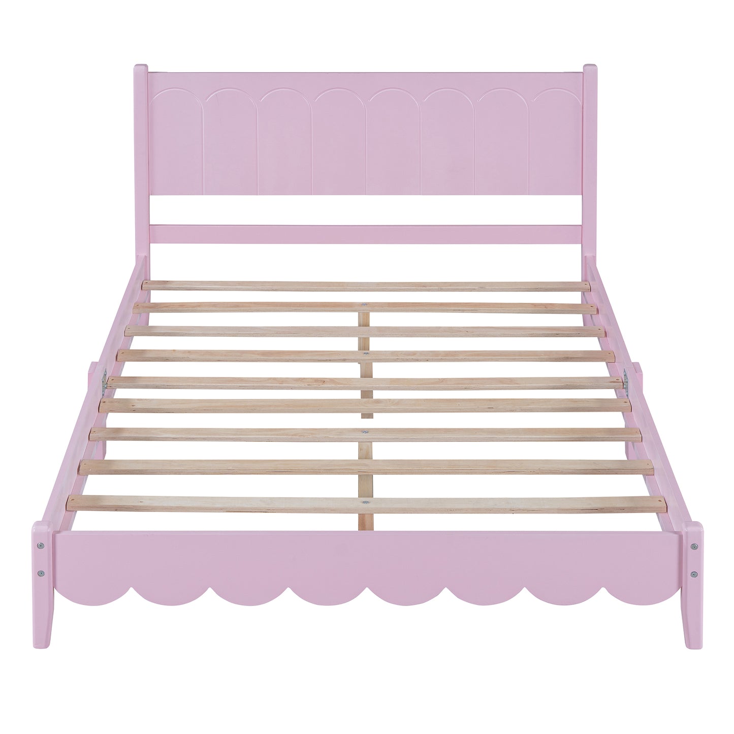 Full Size Wood Platform Bed Frame, Retro Style  Bed with Rectangular Headboard,No Need Box Spring,Pink