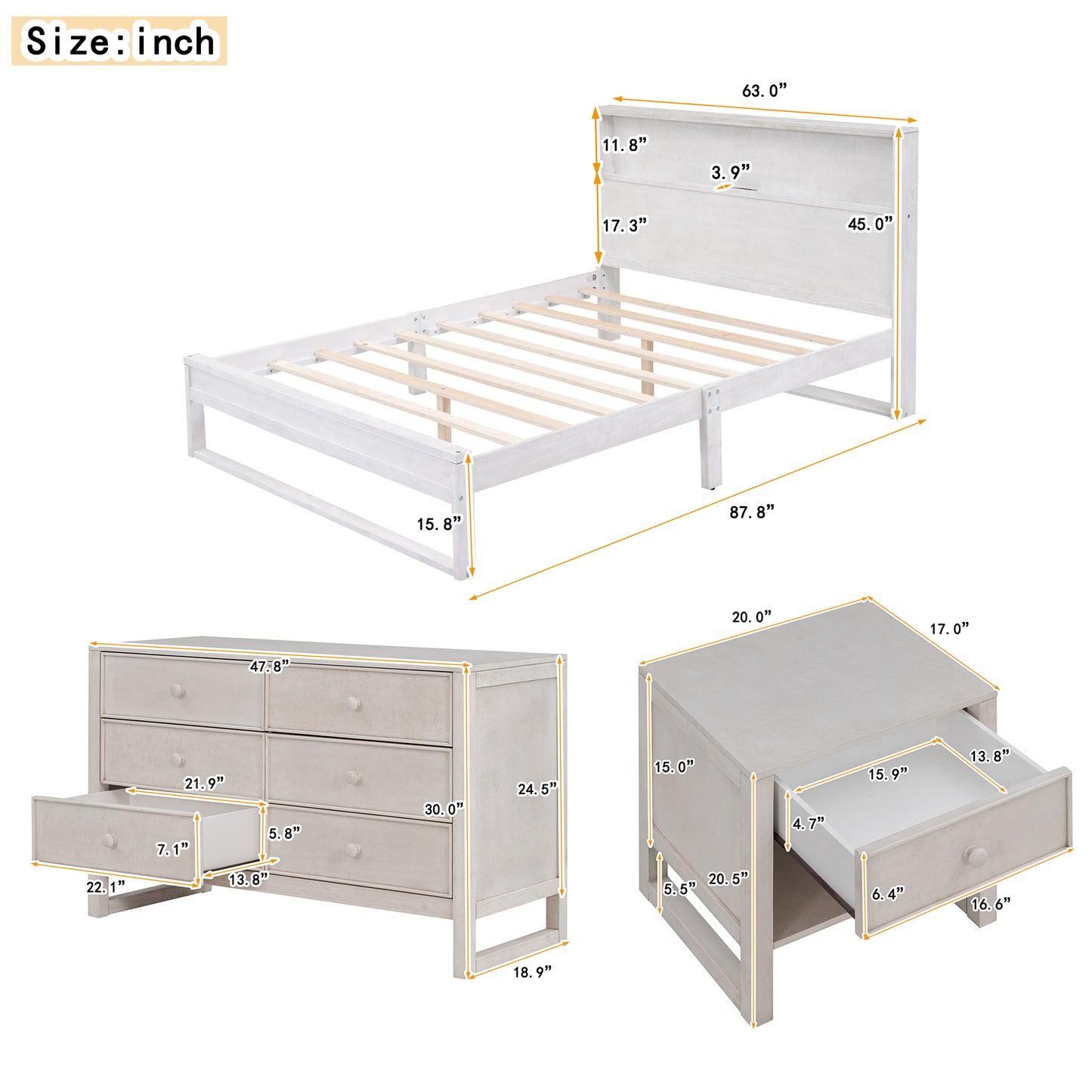 3-Pieces Bedroom Sets Queen Size Platform Bed with Nightstand and Dresser,Antique White