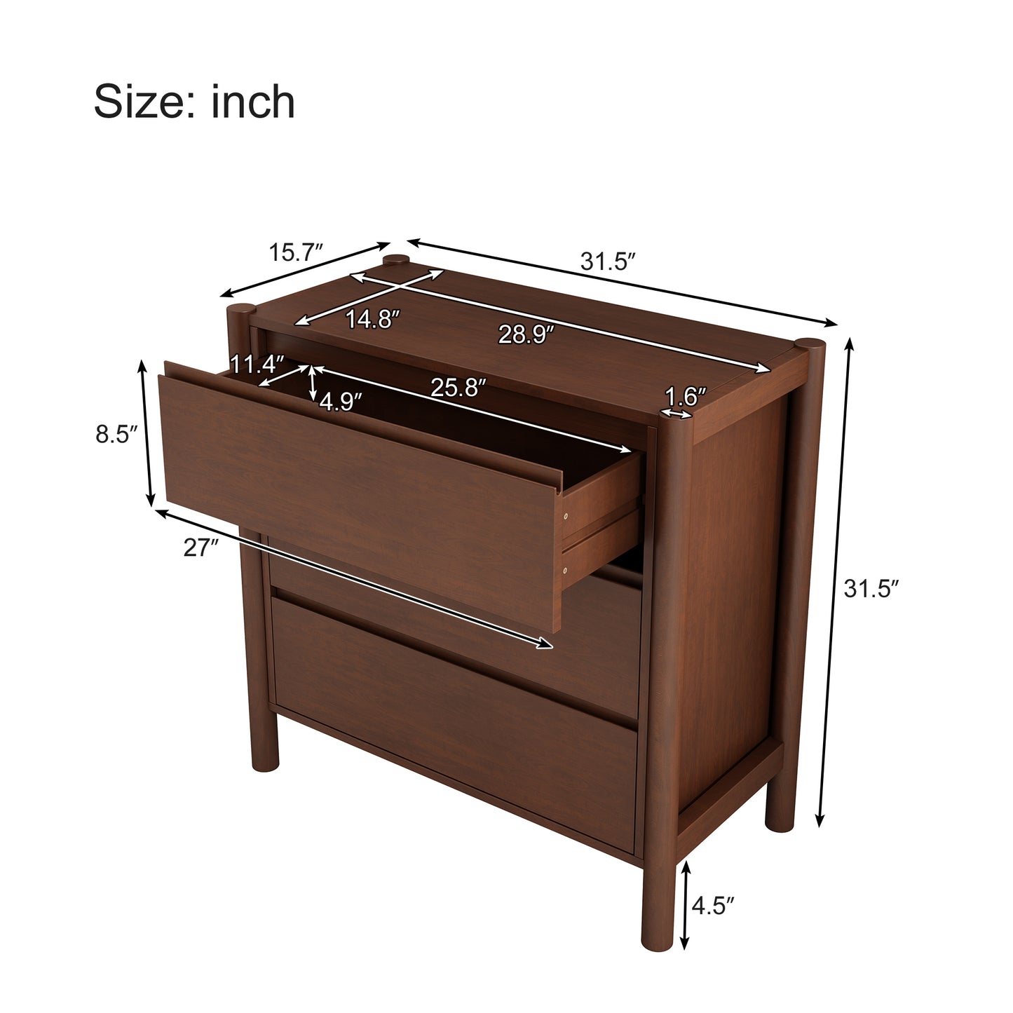Mid Century Modern Wood 3-Drawer Chest Storage Cabinet Chest of Drawers for Bedroom, Living Room, Rich Walnut