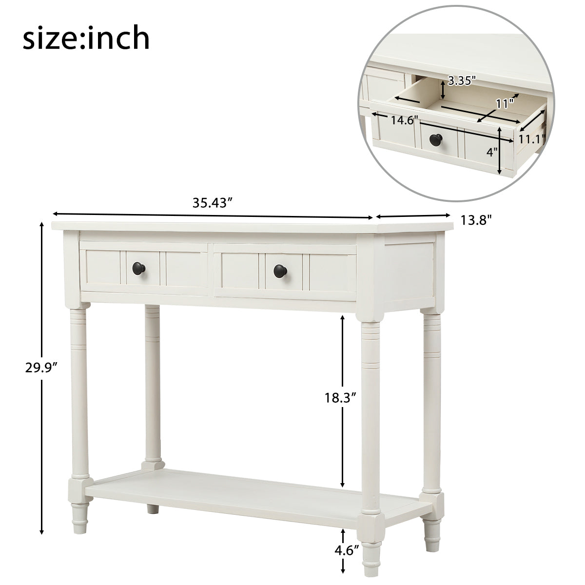 TREXM Daisy Series Console Table Traditional Design with Two Drawers and Bottom Shelf (Ivory White)