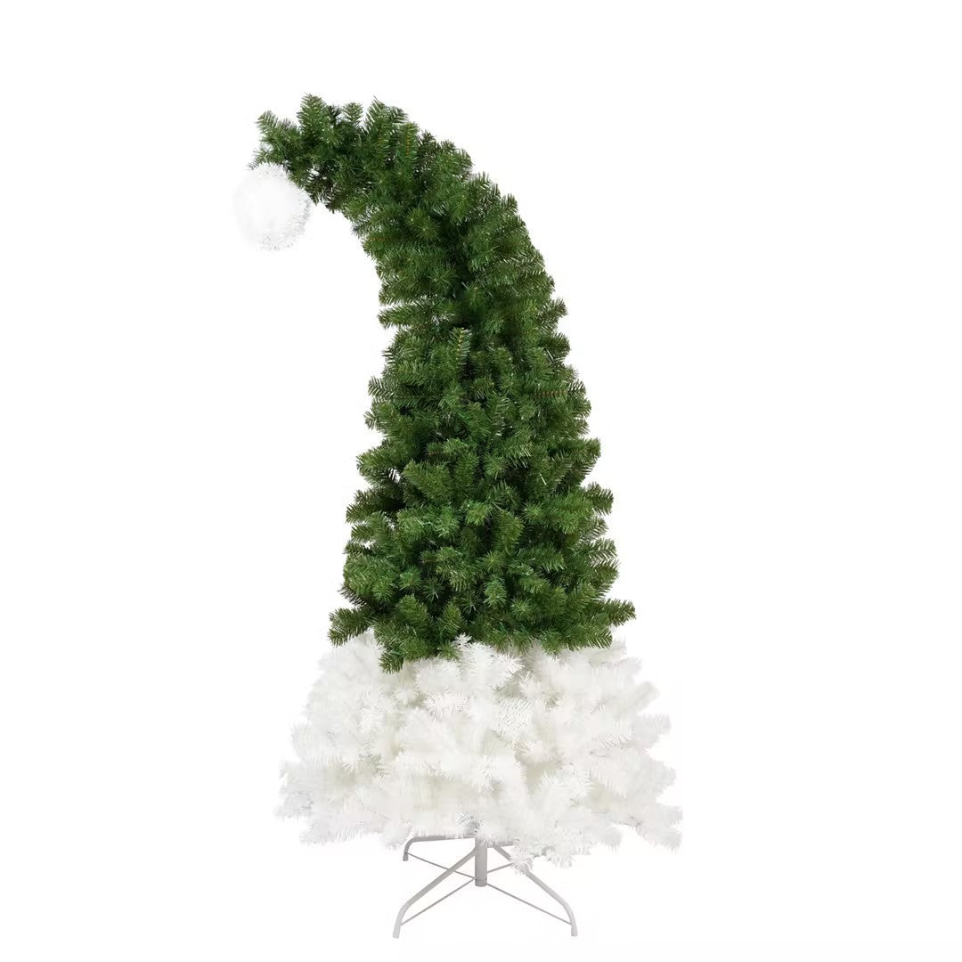 6FT Hinged Fir Artificial Fir Bent Top Christmas Tree, Xmas Tree Bendable Santa Hat Style Christmas Tree Holiday Decoration, 1250 Lush Branch Tips, 300 LED Lights X-mas