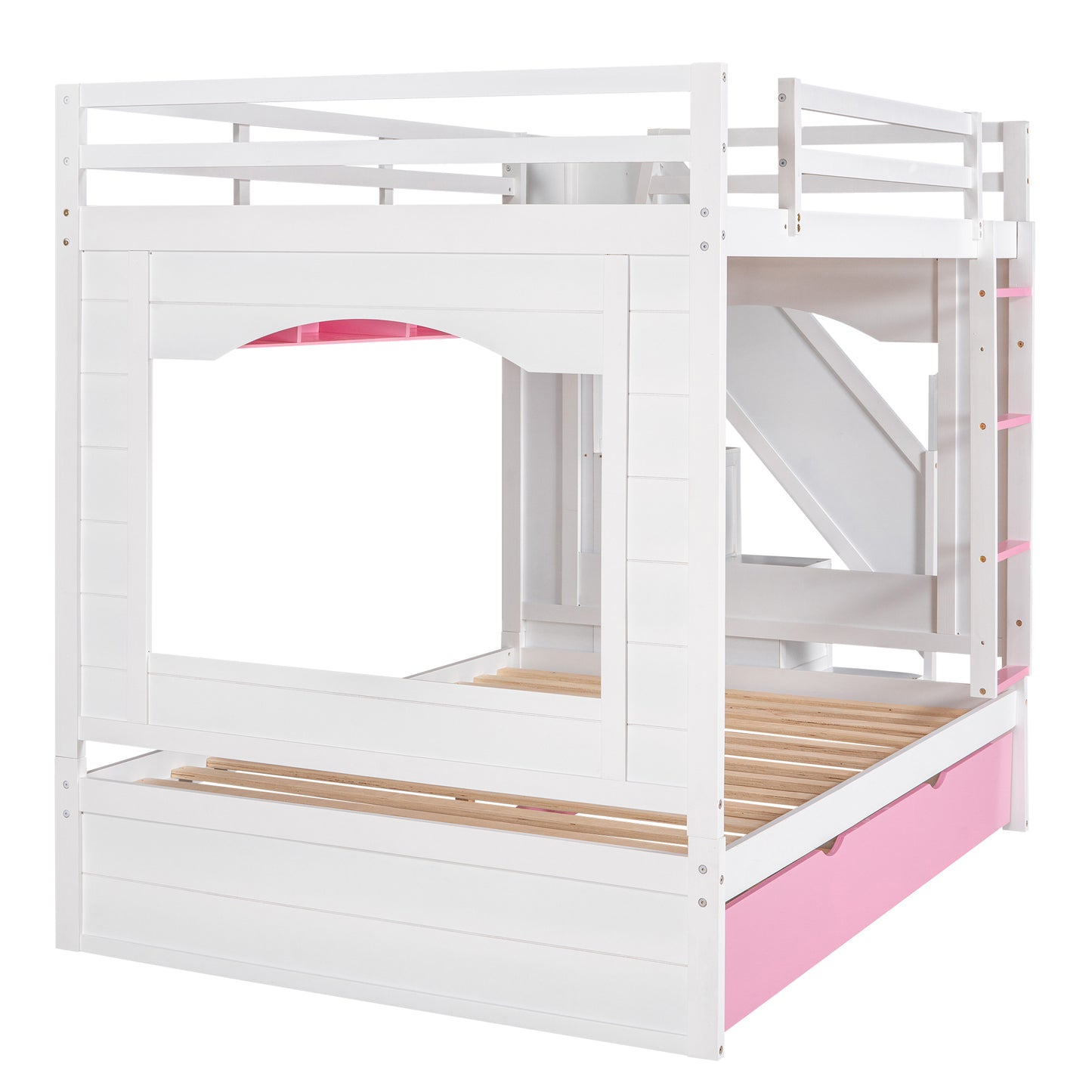 Full Over Full Bunk Bed with Trundle ,Stairs,Ladders Solid Wood Bunk bed with Storage Cabinet (White + Pink)
