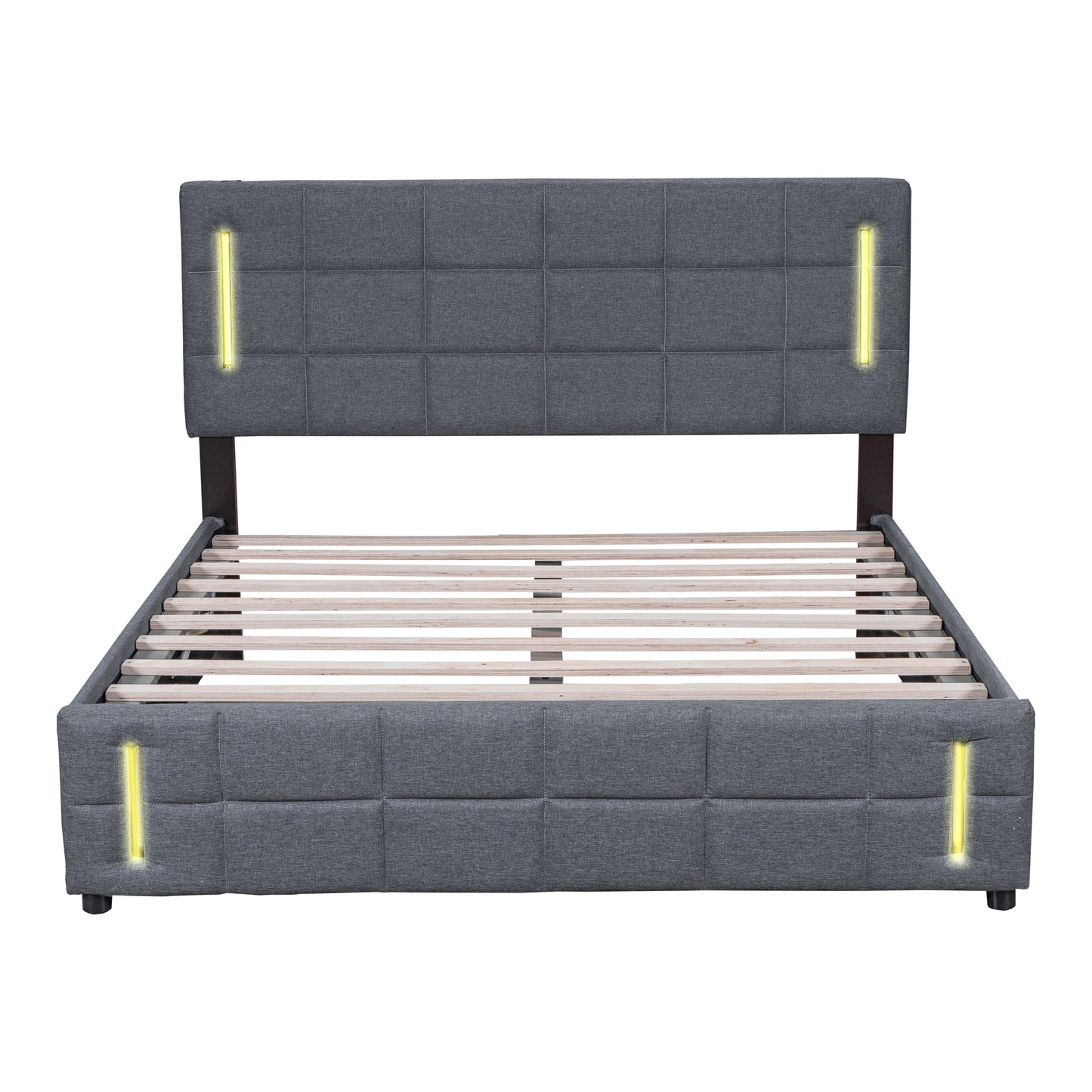 Full Size Upholstered Bed with Hydraulic Storage System and LED Light, Gray
