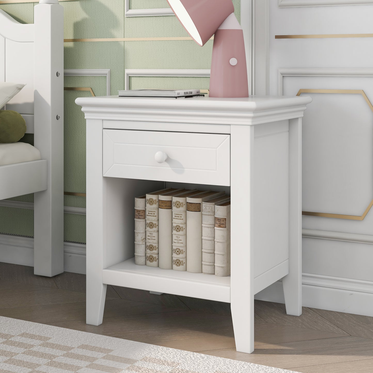 4 Pieces Traditional Concise Style White Bedroom Sets, Nightstand+ Dresser+ Mirror+King Bed