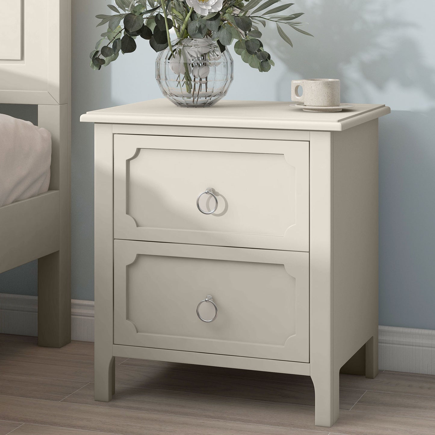 Milky White Rubber Wooden Nightstand Two Drawers Silver Metal Handles for Living Room Guest Room Bedroom