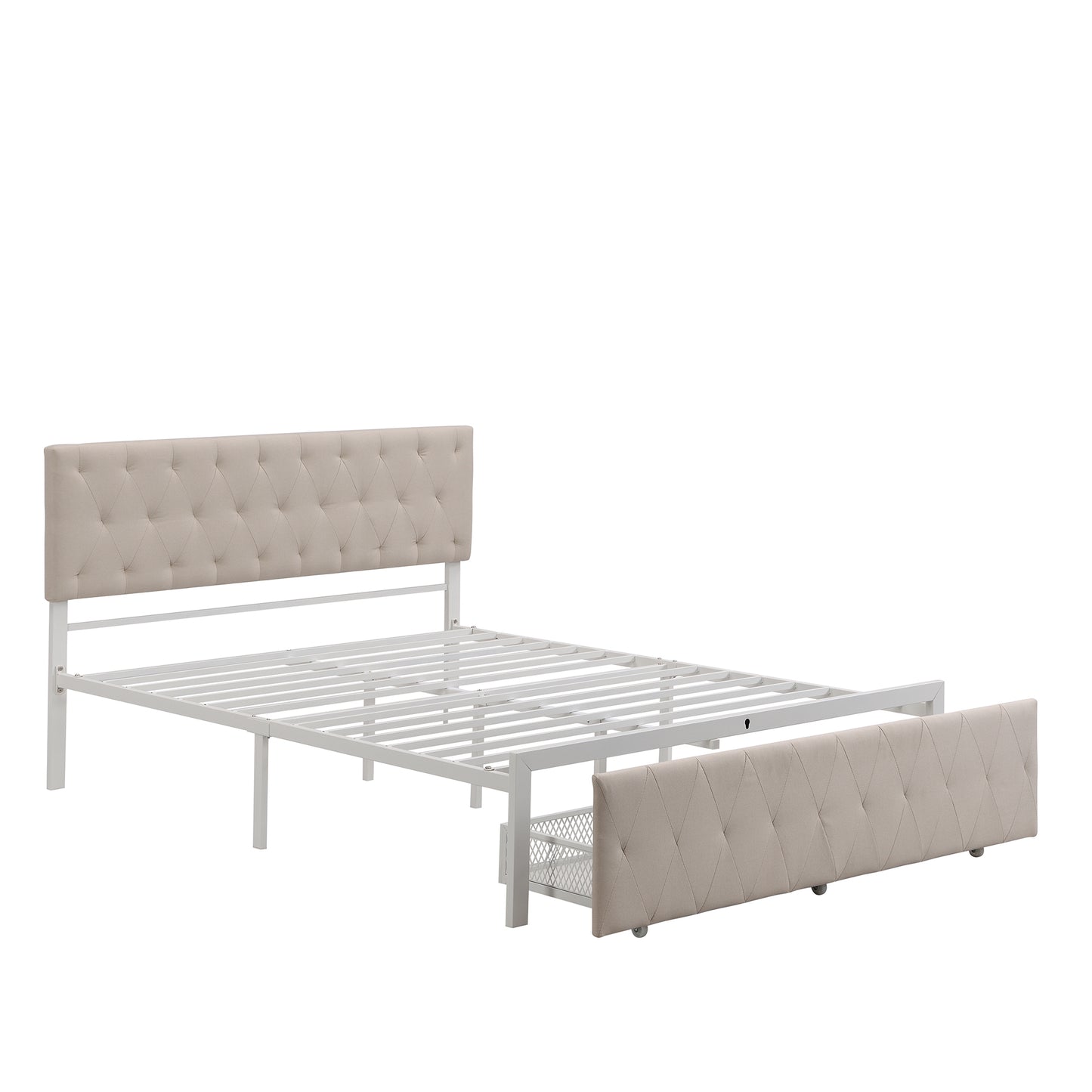 Queen Size Storage Bed Metal Platform Bed with a Big Drawer - Beige