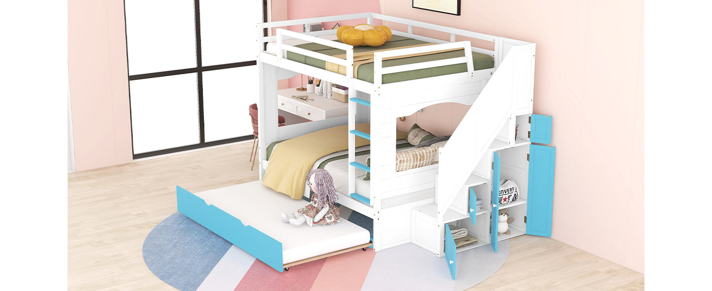 Full Over Full Bunk Bed with Trundle ,Stairs,Ladders Solid Wood Bunk bed with Storage Cabinet (White + Blue)