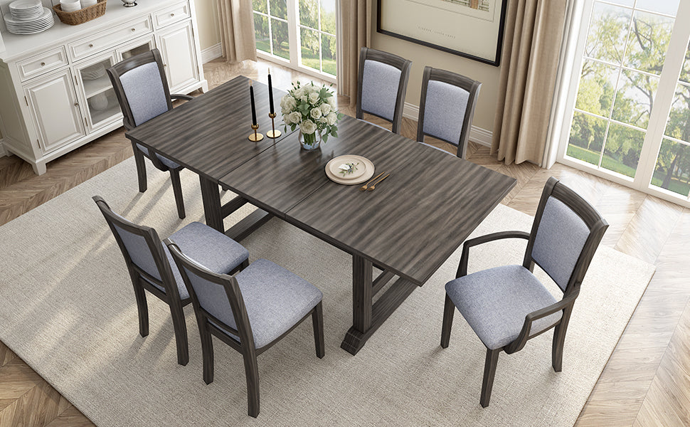 TOPMAX 7-Piece Updated 76.9inch Extendable Trestle Dining Table Set with Removable Leaf, Kitchen Table Set with Upholstered Side Chair and Arm Chair, Set of 6, Grey