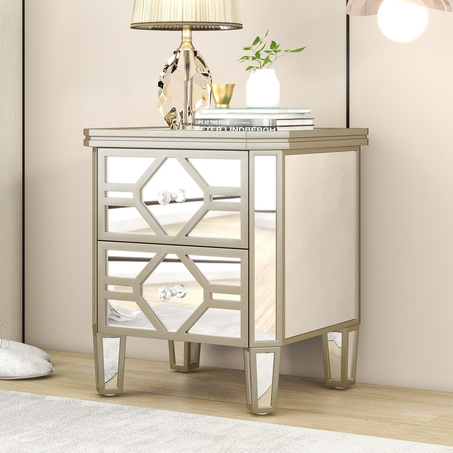 Elegant Mirrored 2-Drawer Side Table with Golden Lines for Living Room, Hallway, Entryway