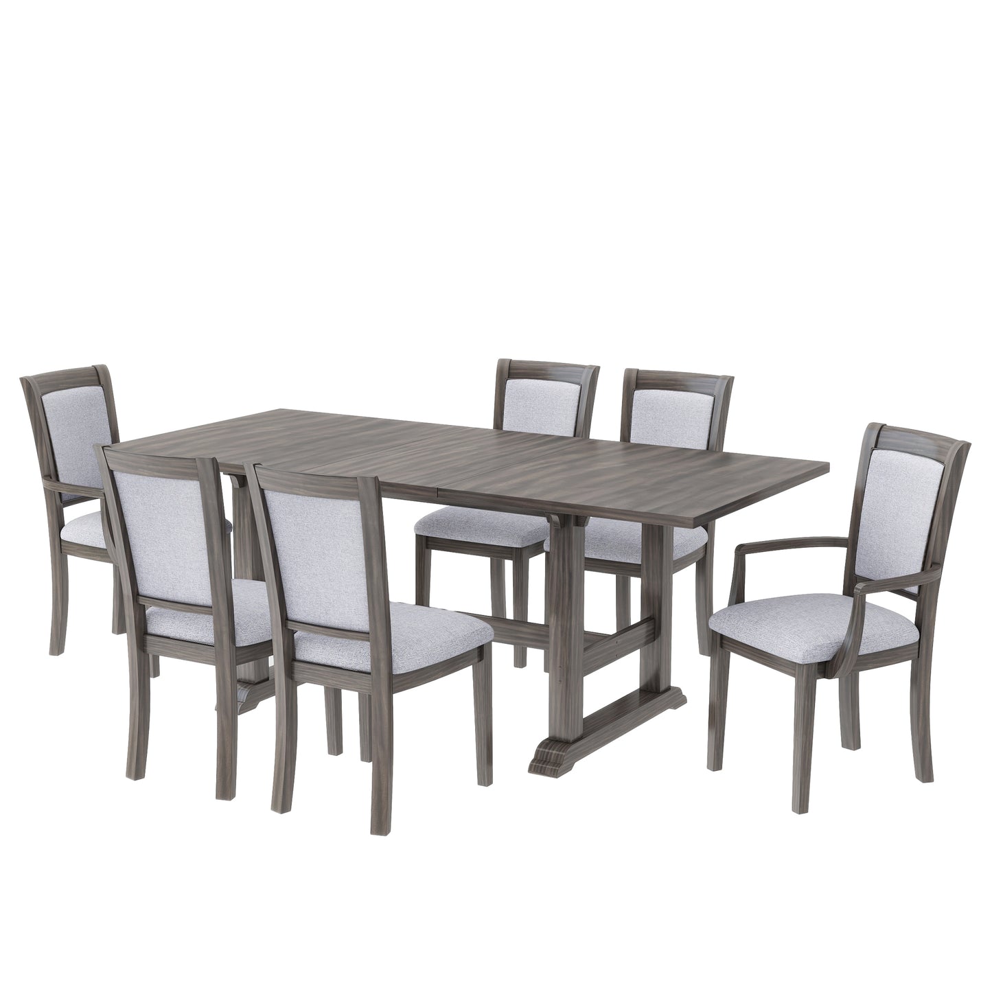 TOPMAX 7-Piece Updated 76.9inch Extendable Trestle Dining Table Set with Removable Leaf, Kitchen Table Set with Upholstered Side Chair and Arm Chair, Set of 6, Grey
