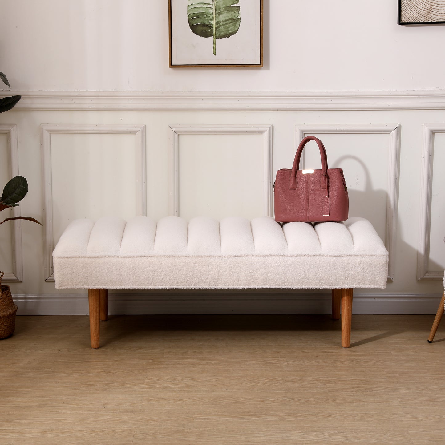 Channel Tufted Bench White Sherpa Upholstered End of Bed Benches with Wooden Legs (White)