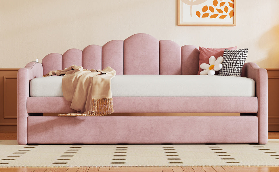 Twin size Upholstered Daybed with Trundle ,Velvet Sofabed with USB Charging Ports,No Box-spring Needed,Pink