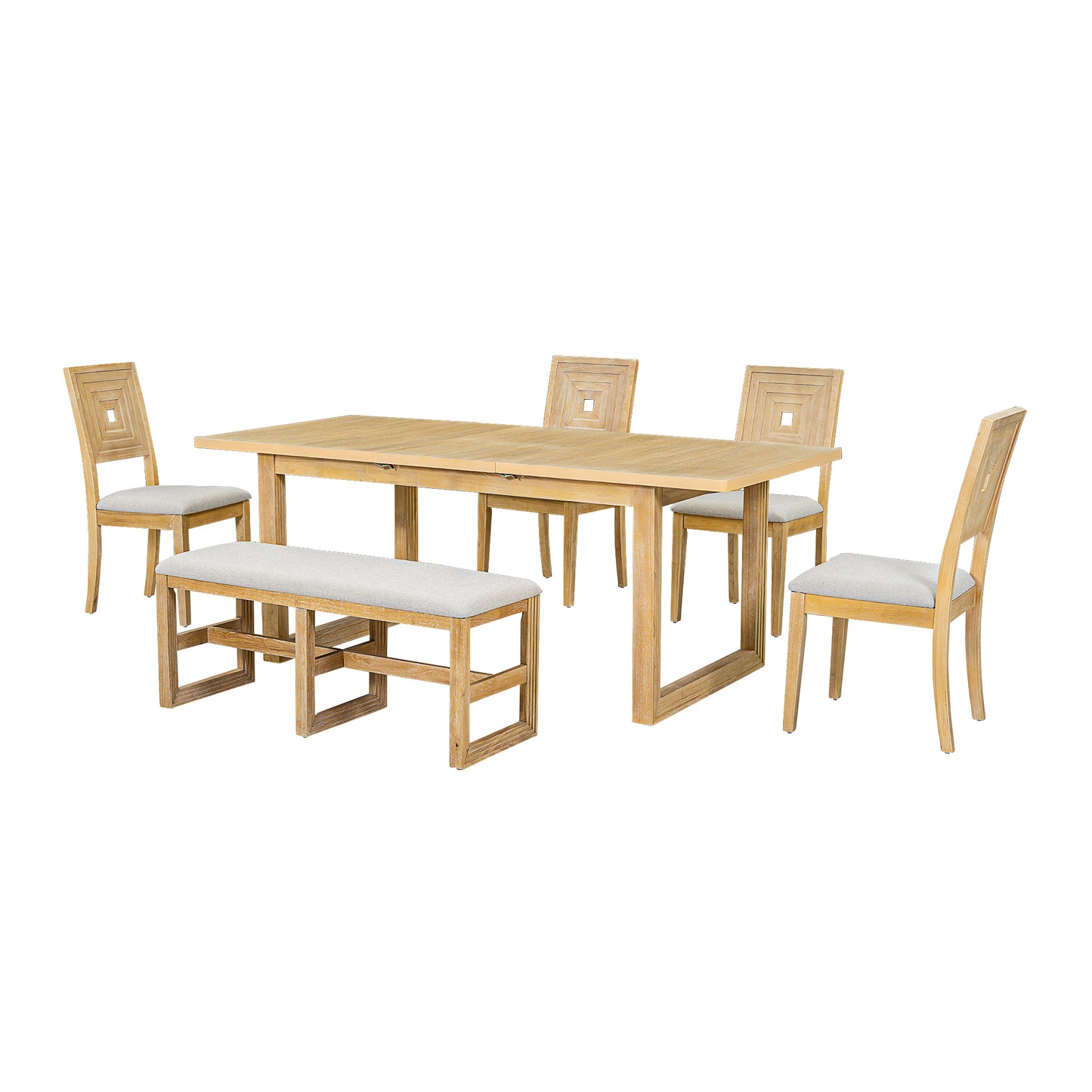 TOPMAX Modern 78inch 6-Piece Extendable Dining Table Set, 4 Upholstered Dining Chairs and Dining Bench, 18" Butterfly Leaf, Natural