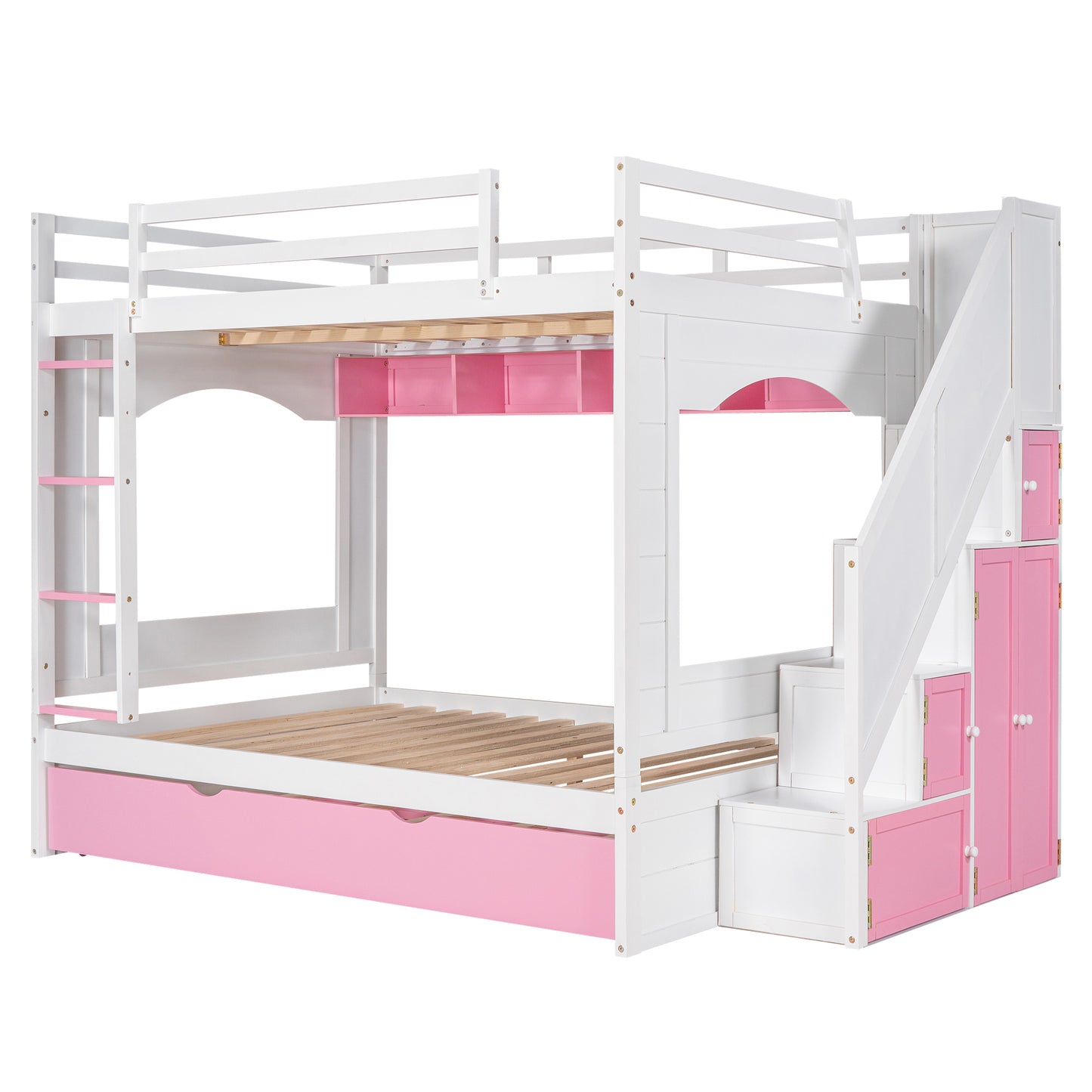 Full Over Full Bunk Bed with Trundle ,Stairs,Ladders Solid Wood Bunk bed with Storage Cabinet (White + Pink)