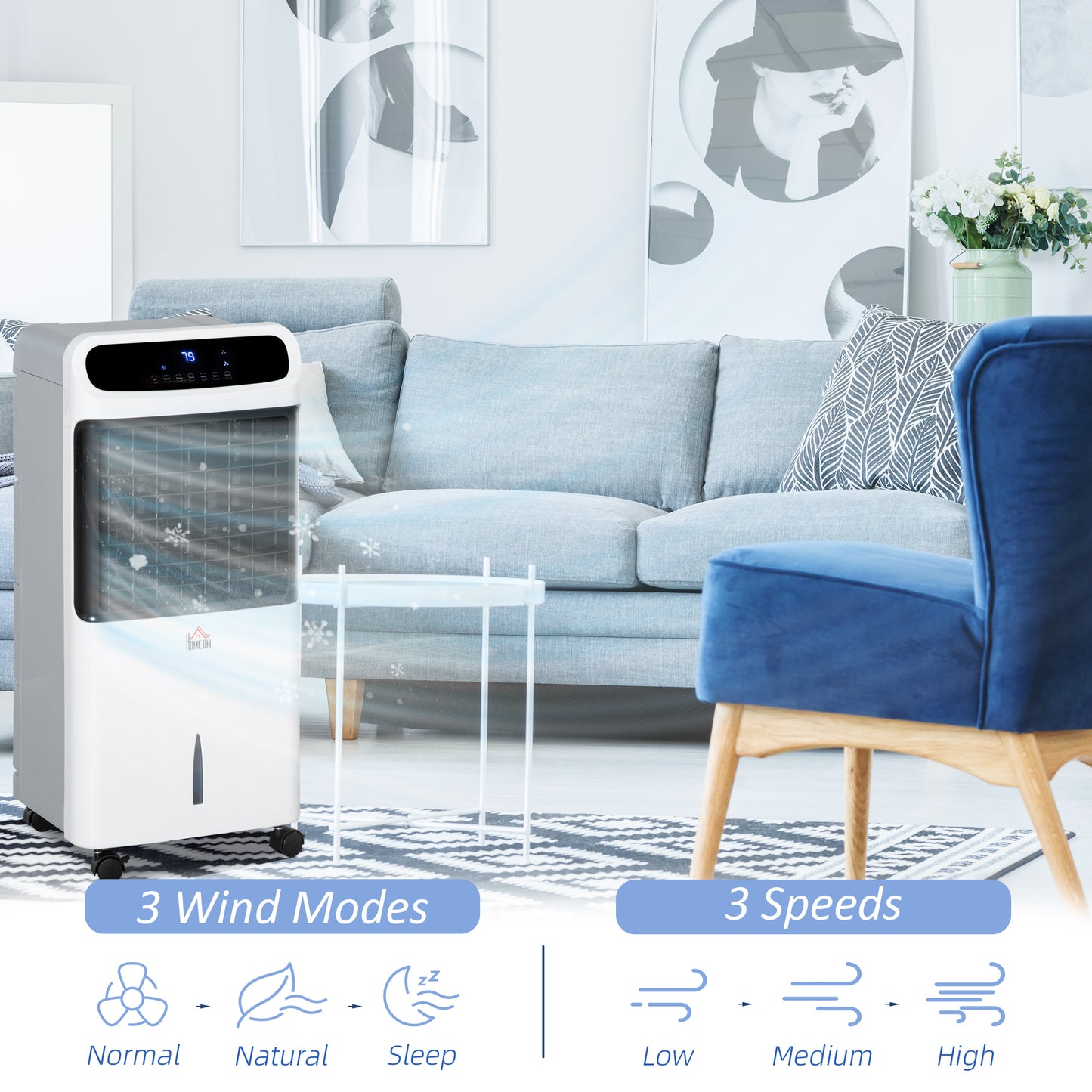 HOMCOM 32" Mobile Evaporative Air Cooler, 3-In-1 Ice Cooling Fan Water Conditioner Humidifier Unit with Remote, Timer, Oscillating, LED Display, 3.2gal Water Tank for Home Office, Bedroom, White
