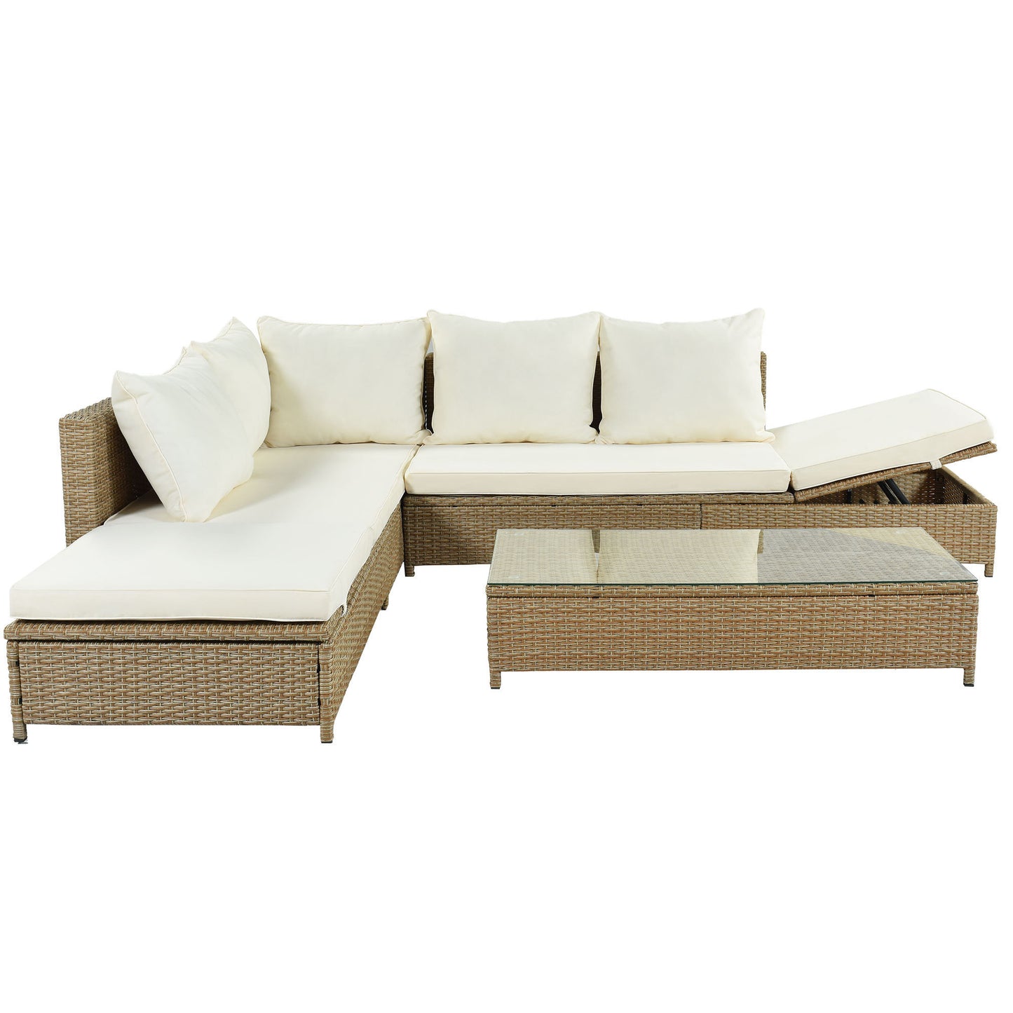 TOPMAX Patio 3-Piece Rattan Sofa Set All Weather PE Wicker Sectional Set with Adjustable Chaise Lounge Frame and Tempered Glass Table, Natural Brown