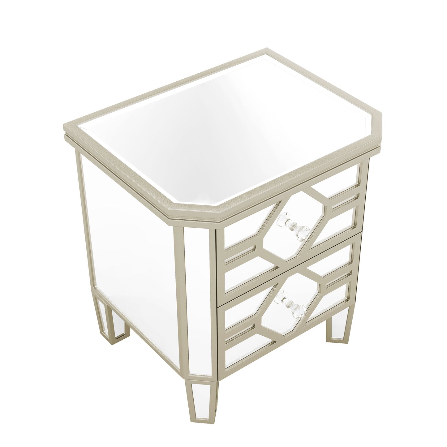 Elegant Mirrored 2-Drawer Side Table with Golden Lines for Living Room, Hallway, Entryway