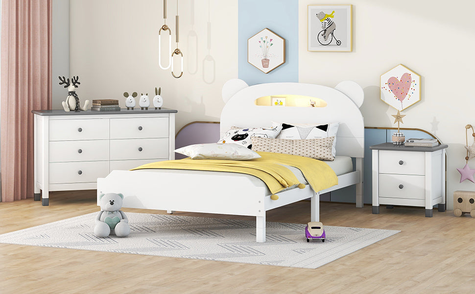 3-Pieces Bedroom Sets Twin Size Bear-Shape Platform Bed with Nightstand and Storage dresser,White+Gray