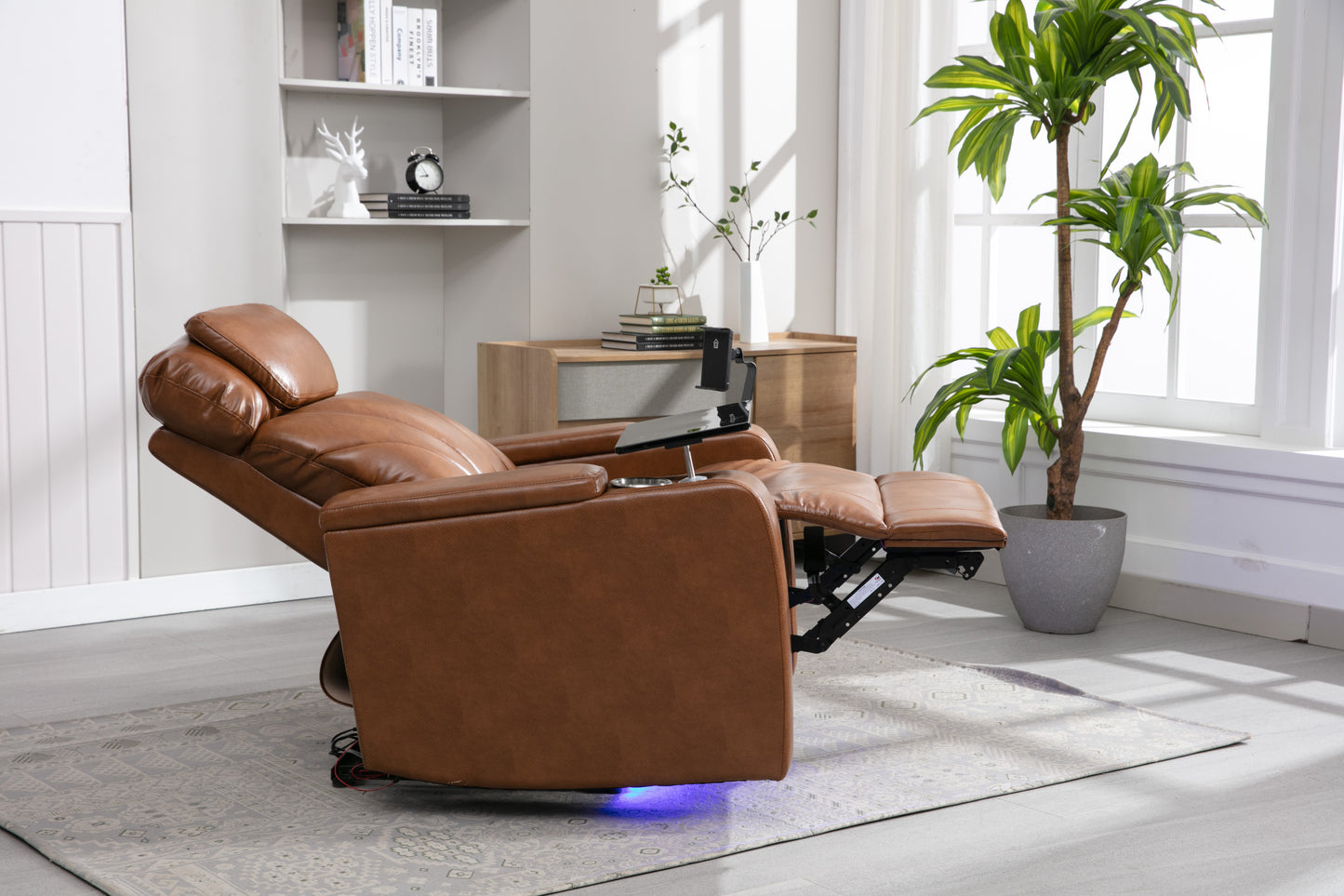 Power Motion Recliner with USB Charging Port and Hidden Arm Storage, Home Theater Seating with Convenient Cup Holder Design ,and stereo(Light  Brown)