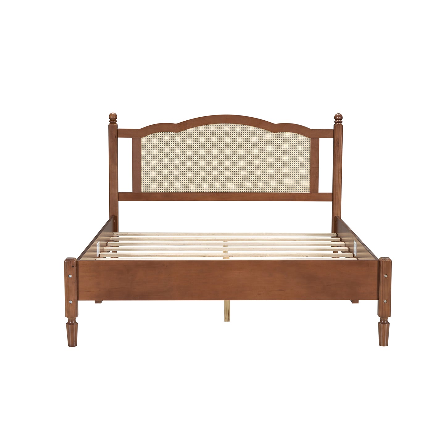 Queen Size Wooden Platform Bed with Natural Rattan Headboard, Vintage Bed Frame with Wooden Slat Support, Walnut (Expected Arrival Time: 08.23)