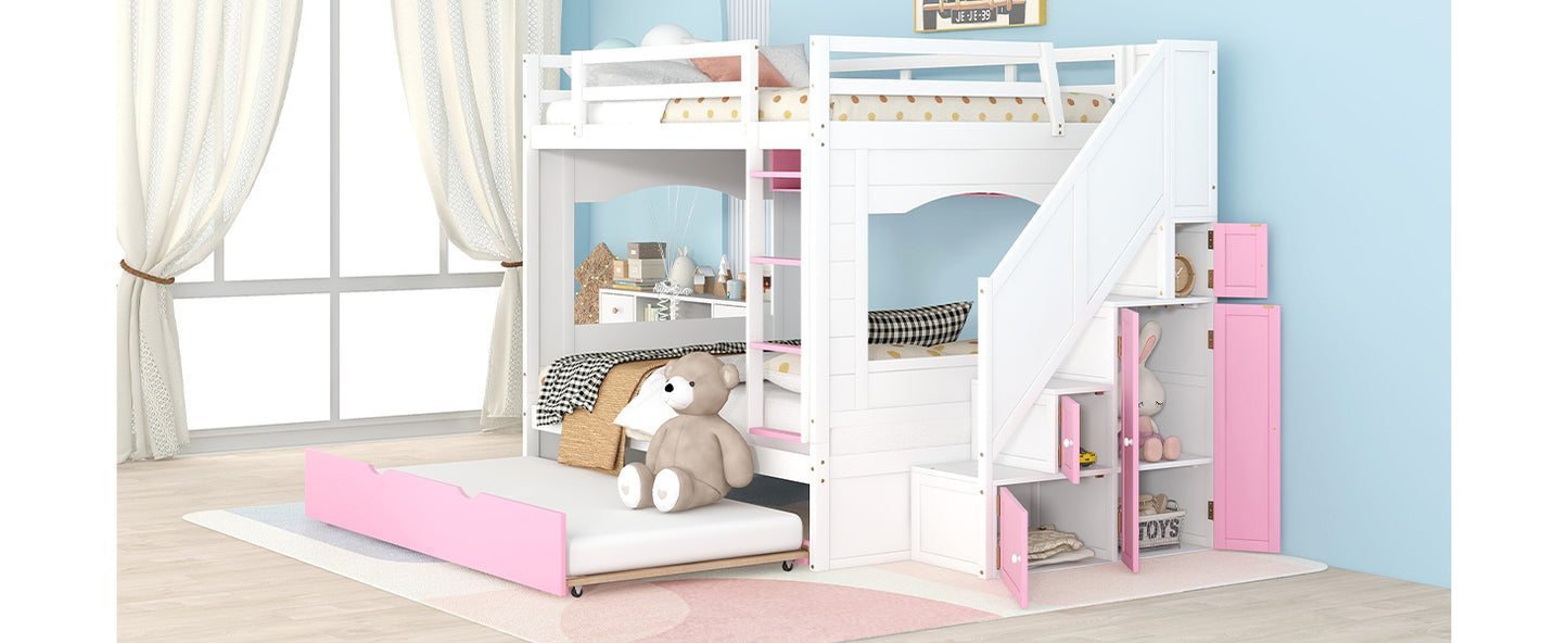 Full Over Full Bunk Bed with Trundle ,Stairs,Ladders Solid Wood Bunk bed with Storage Cabinet (White + Pink)