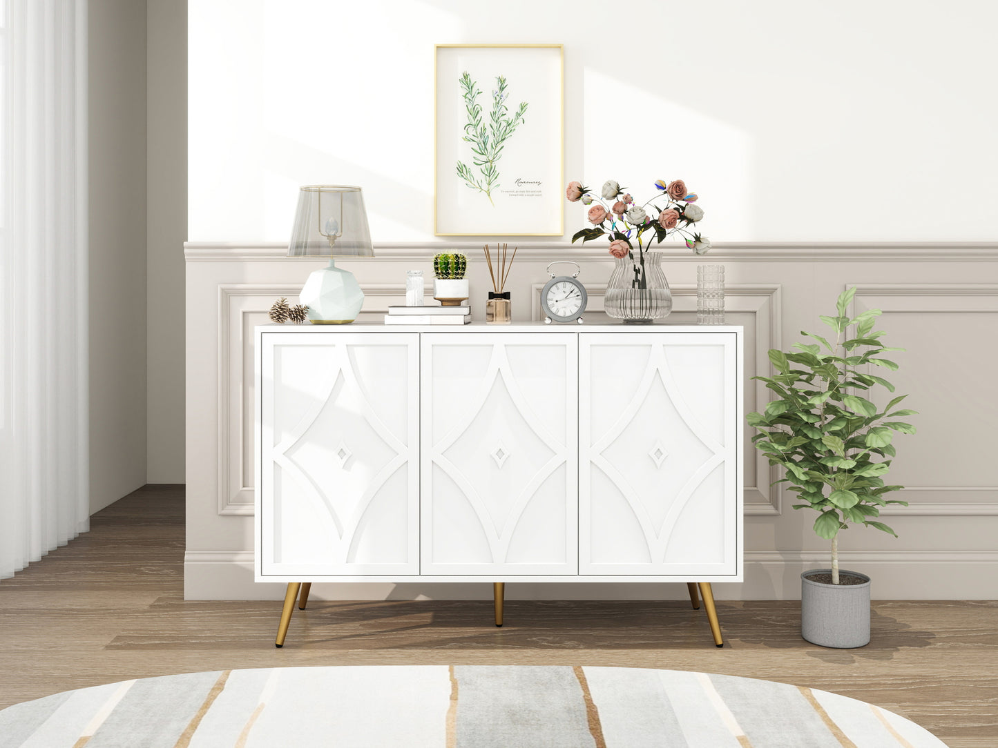 3 Door Storage Cabinet Accent Cabinet with Storage,Sideboard with Adjustable Shelf, Kitchen Cabinet, Diamond-shaped decoration Door for Living Room, Kitchen, Dining Room ,Enchence