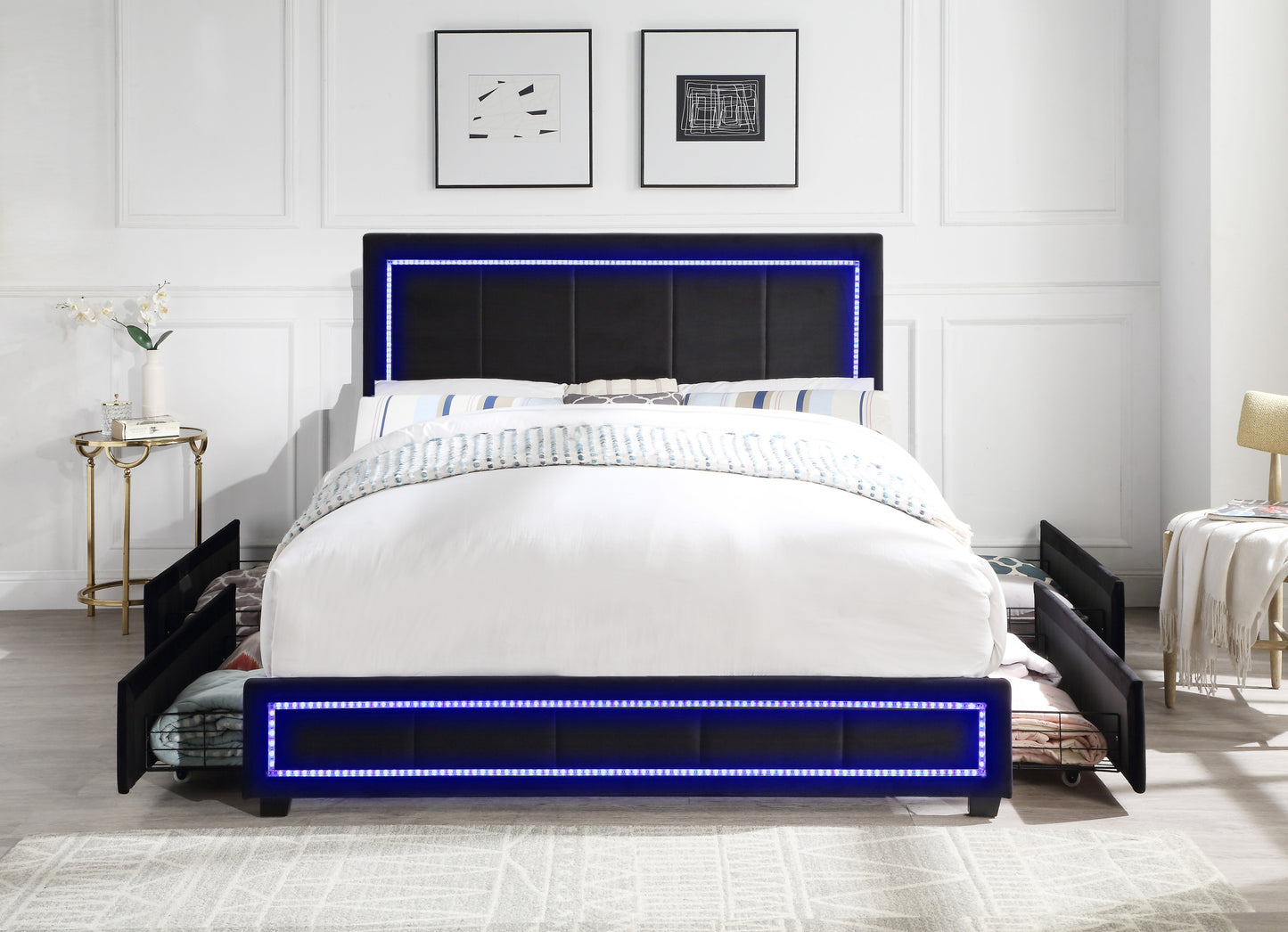 Upholstered Queen Size Platform Bed with LED Lights, Storage Bed with 4 Drawers, Black color fabric