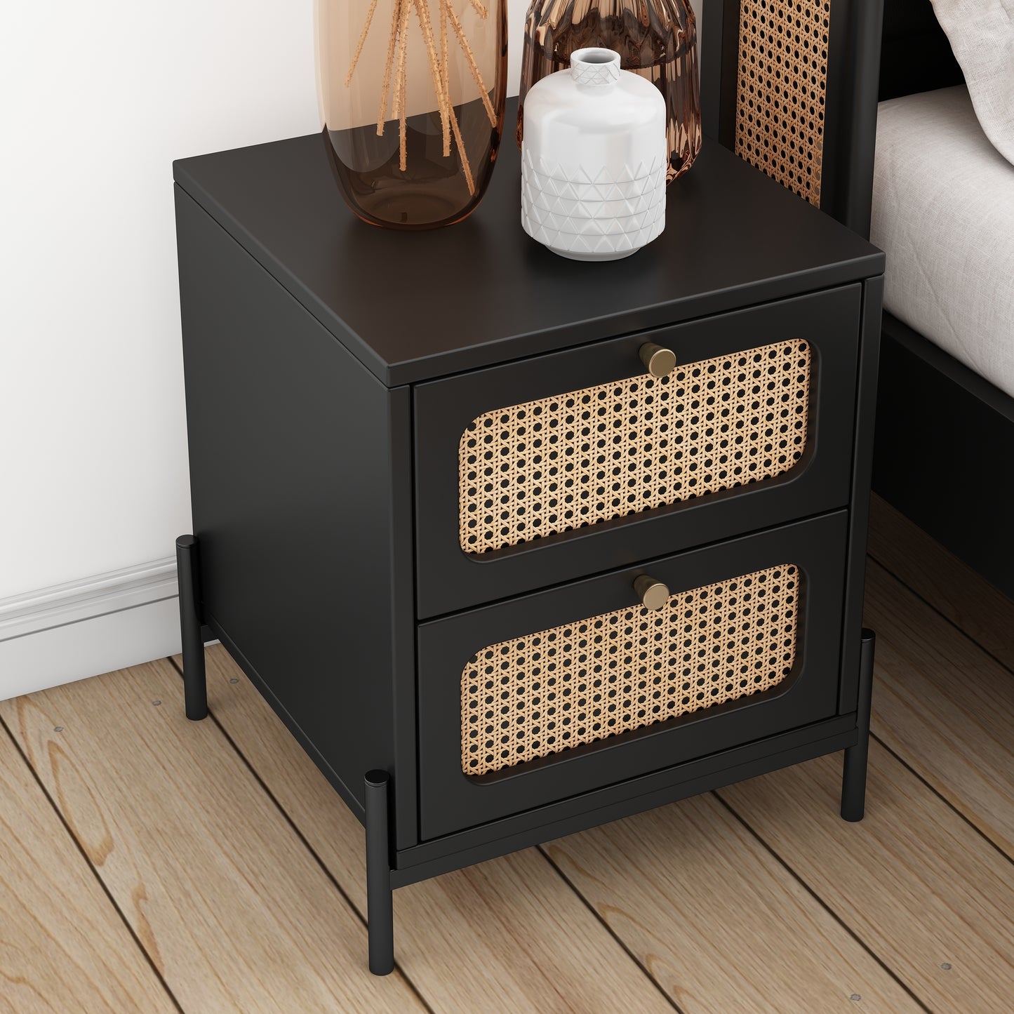 4 Pieces Modern Cannage Rattan Platform Queen Bed + Nightstand*2+ Dresser, Black