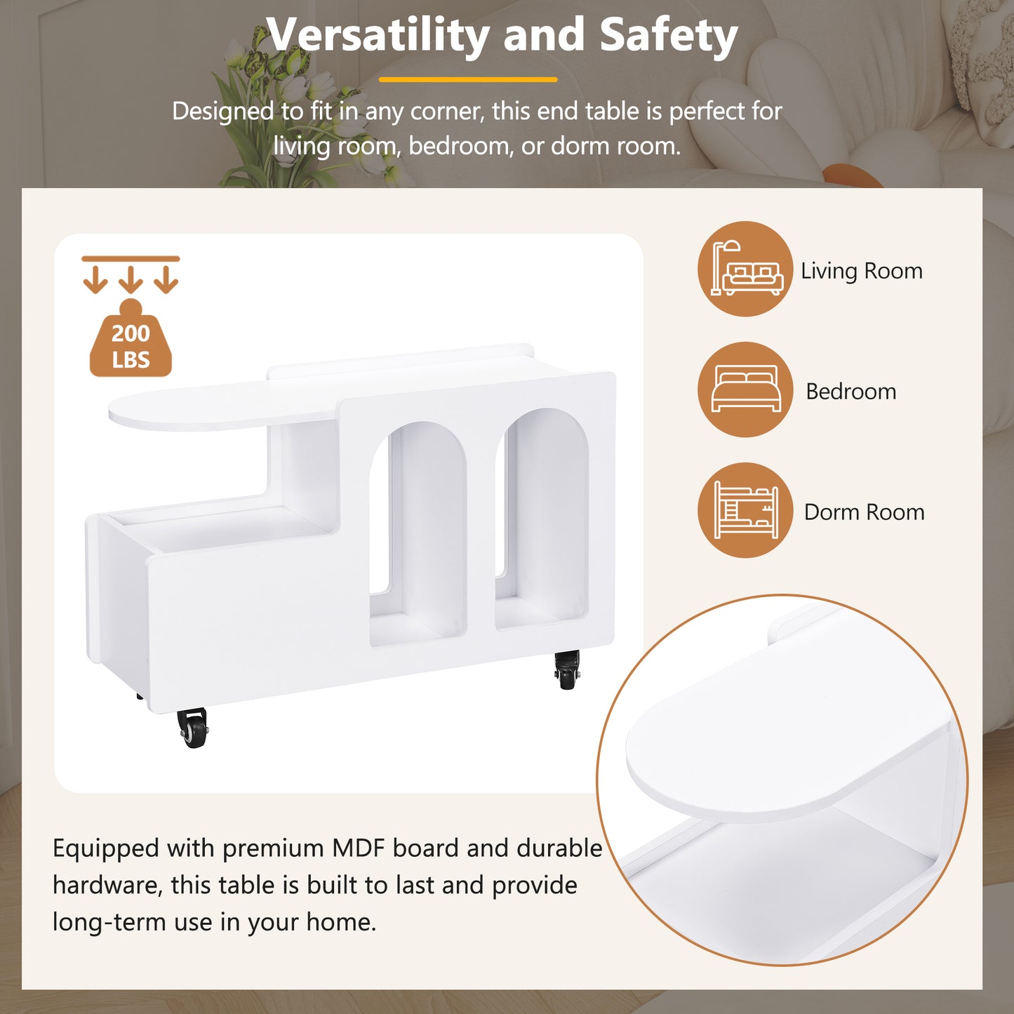 ON-TREND Mobile End Table with lockable wheels, Cream Style Side Table with Storage Drawer, 11.8inch Narrow Nightstand with Multi-layer Storage, Living Room, White