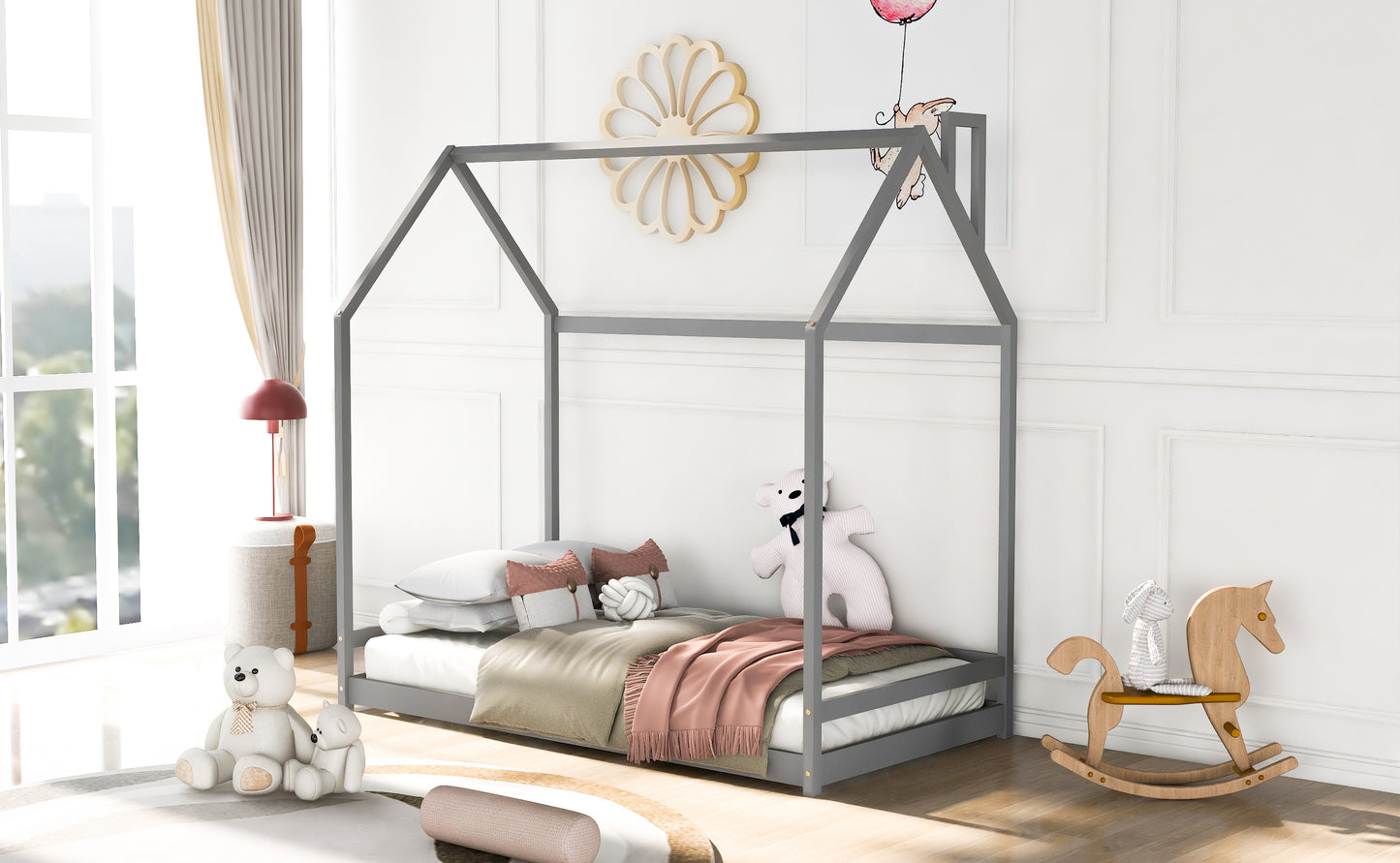 Twin Size House Bed Wood Bed, Gray(OLD SKU:WF281435AAE)