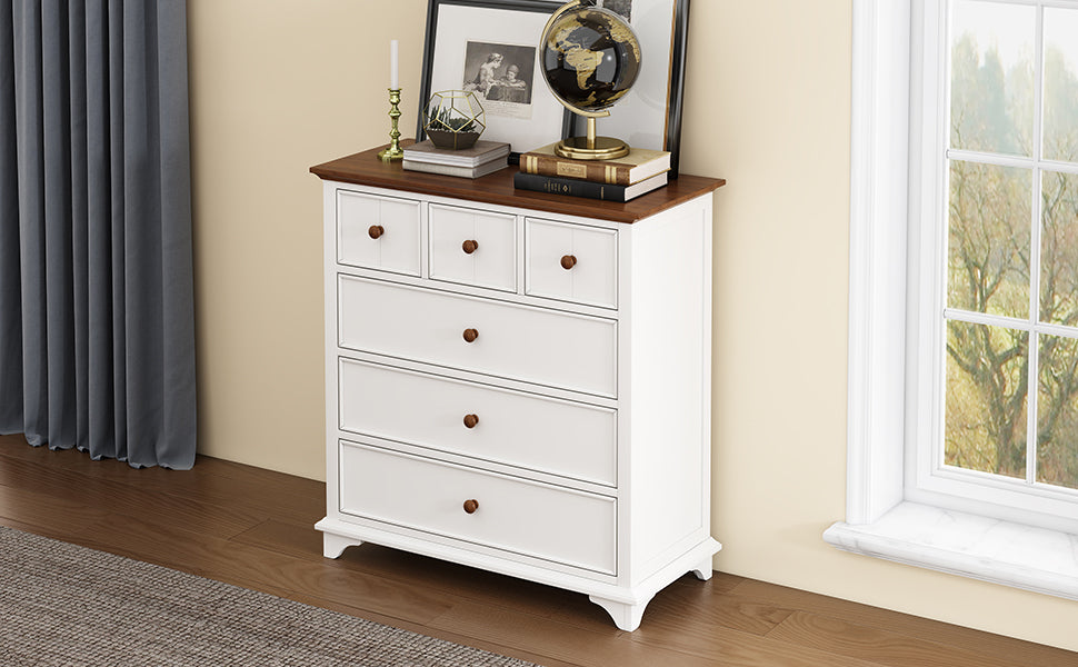 Wooden Captain Six-Drawer Chest for Bedroom, Living Room, Kids' Room, White+Walnut