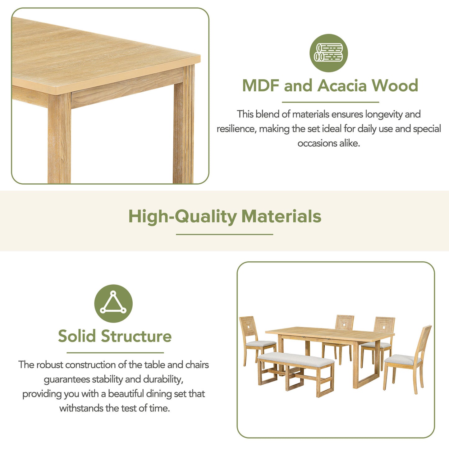 TOPMAX Modern 78inch 6-Piece Extendable Dining Table Set, 4 Upholstered Dining Chairs and Dining Bench, 18" Butterfly Leaf, Natural